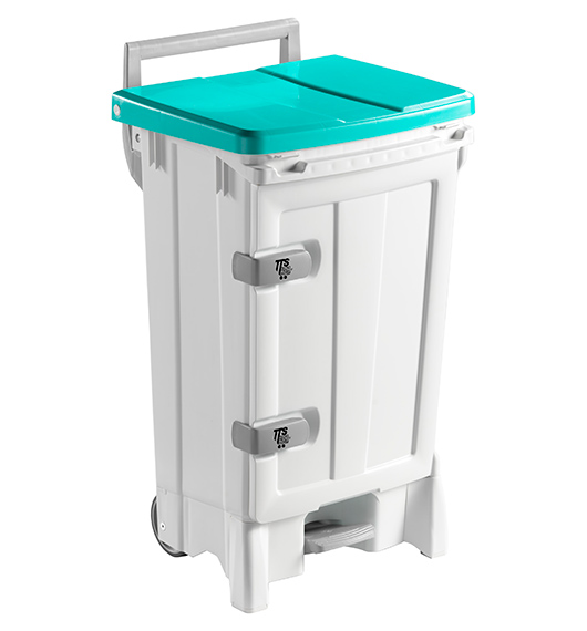 Polypropylene 90L Wheelie Bin Green with front door to help operator while emptying & cleaning inside bin. Shock-resistant, Ergonomic handle and non-marking wheels. Size - 480 x 520 x 930 mm 90L Wheelie Bin
