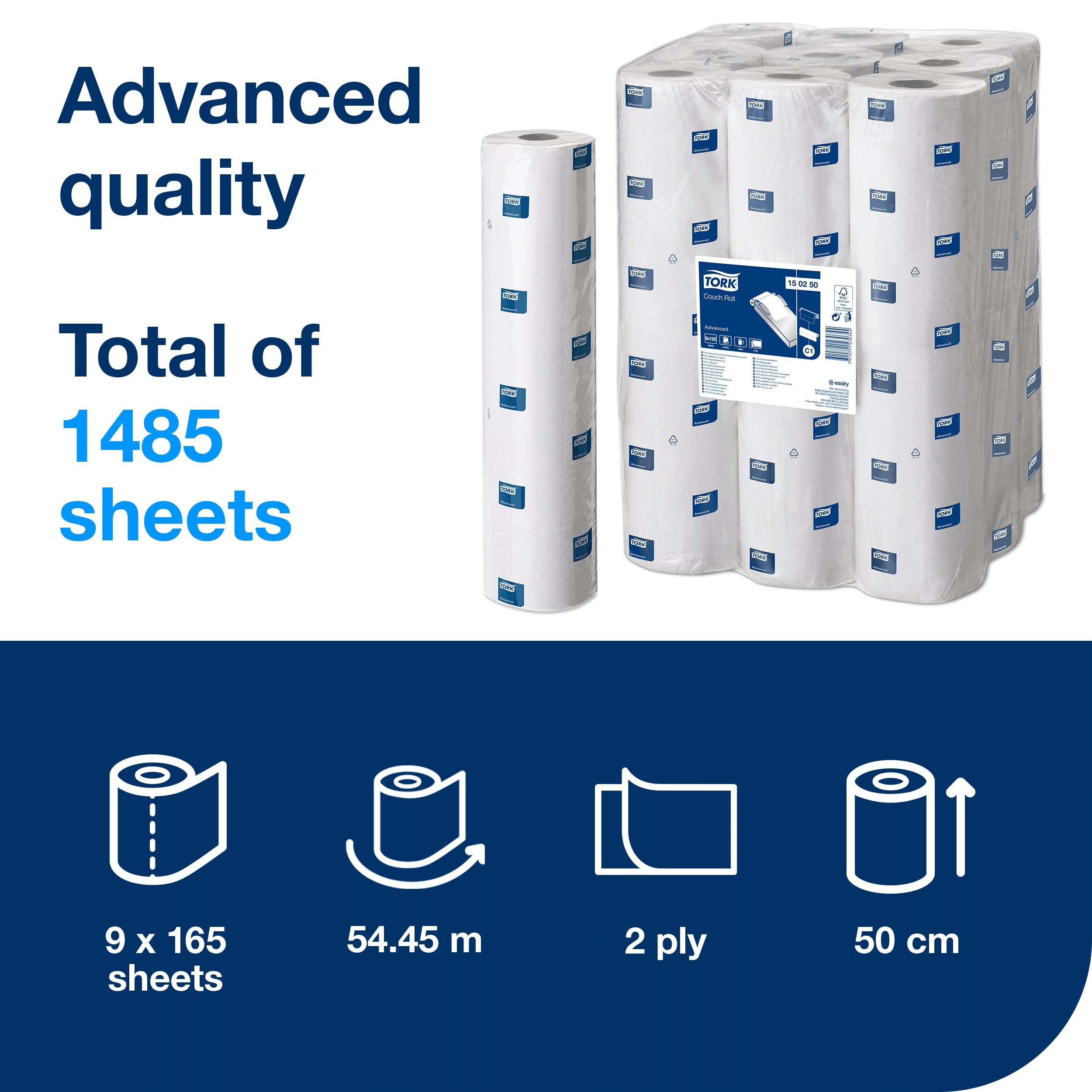 9 rolls, 165 sheets each, 2 ply. Advanced quality. Roll size L 54.45m W 50cm. Sheet length 33cm. Core inner diameter 5.1cm. Compatible with C1 dispensers. Tork Perforated Couch Roll White C1