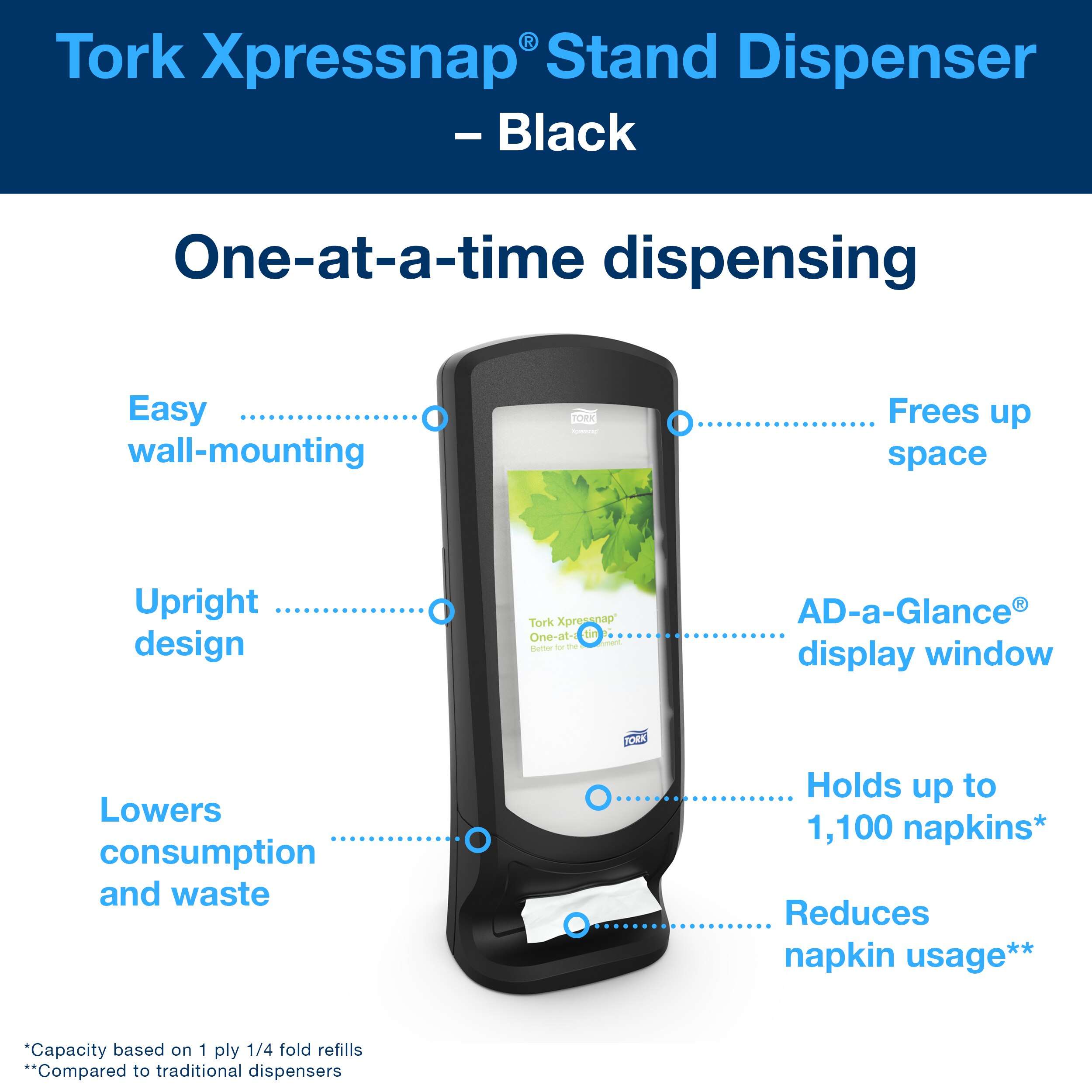 This modern dispenser delivers napkins one at a time, improving hygiene and reducing consumption by at least 25% compared to traditional napkin dispensers. The wall-mounting feature allows for quick, permanent installation. Design: Signature line. W 23.5cm. H 62.2cm. D 23.5cm. Material: Plastic. Colour: Black. Suitable for N4 refills from Tork. Tork Xpressnap® Stand Napkin Dispenser Black N4