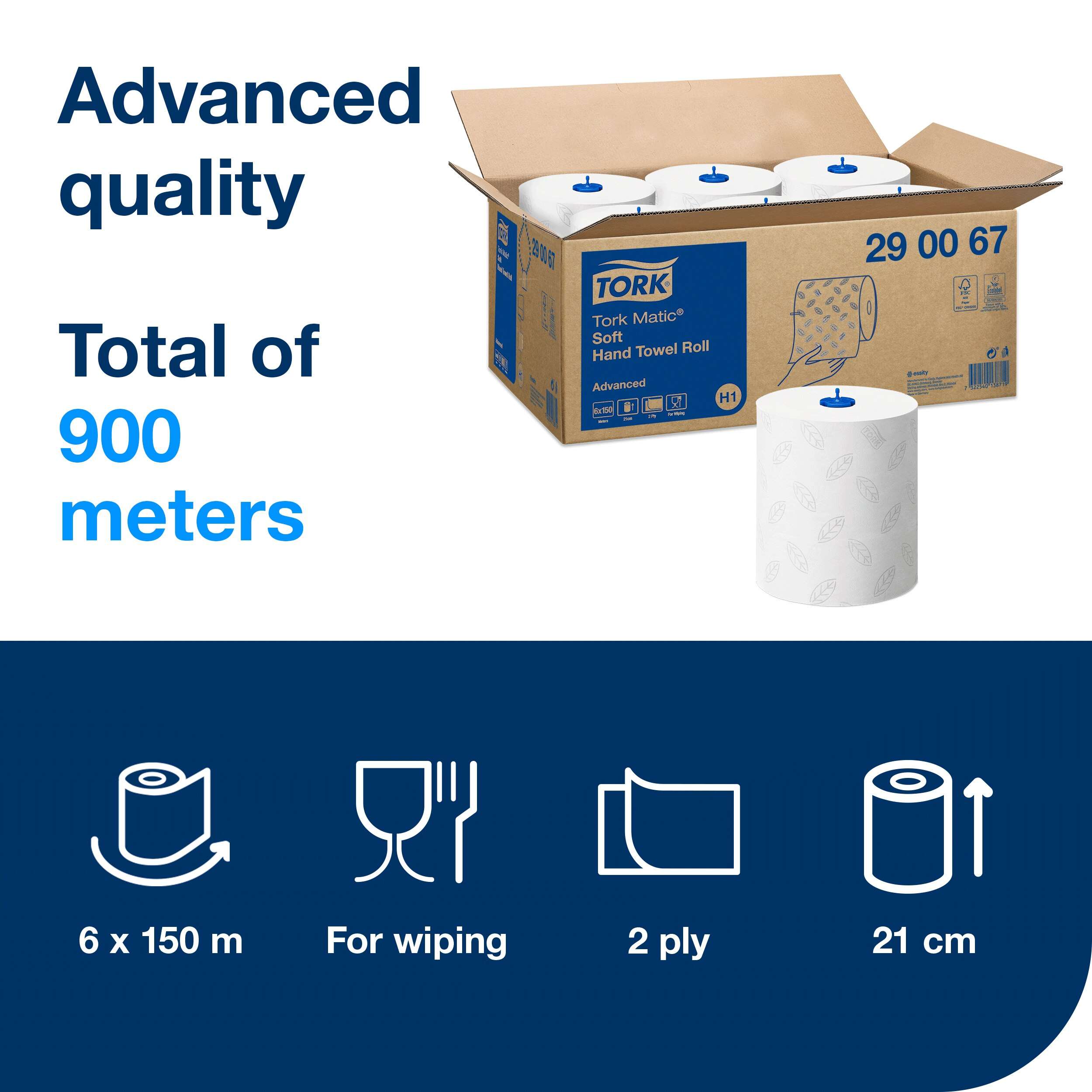 6 rolls, 2 ply. Advanced quality. Roll size L 150m W 21cm. Core inner diameter 3.8cm. Compatible with H1 dispensers. Tork Matic® Soft Paper Hand Towels White with Grey Leaf H1