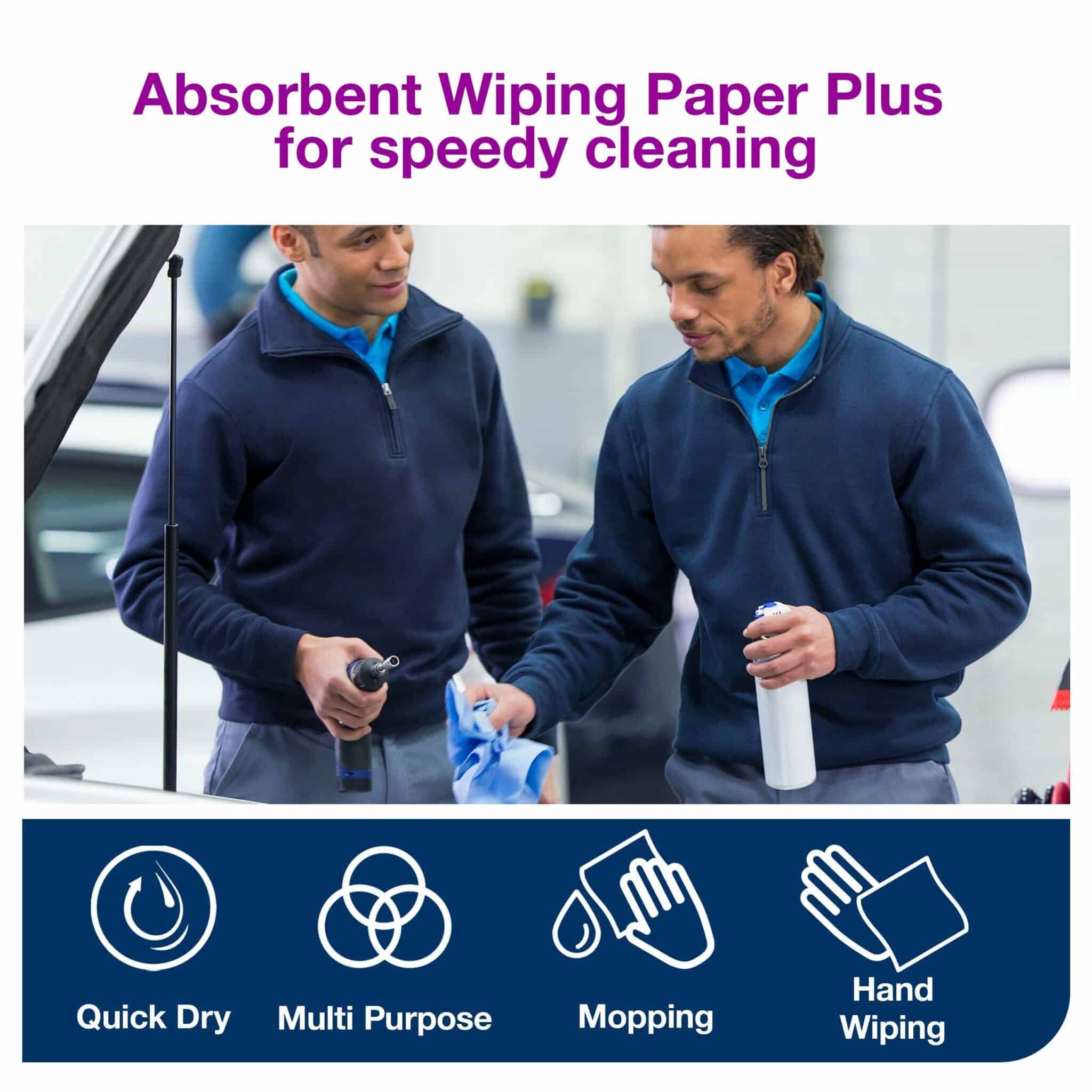 A <strong>2-ply multi-purpose Combi blue roll paper</strong> that handles various wiping tasks to meet most needs. It is ideal for mopping up liquids and wiping hands. 2 rolls, 750 sheets each. Premium quality. Note: Combi Blue Paper Rolls are compatible with both W1 & W2 Dispensers. Tork Wiping Paper Plus Blue W1/2
