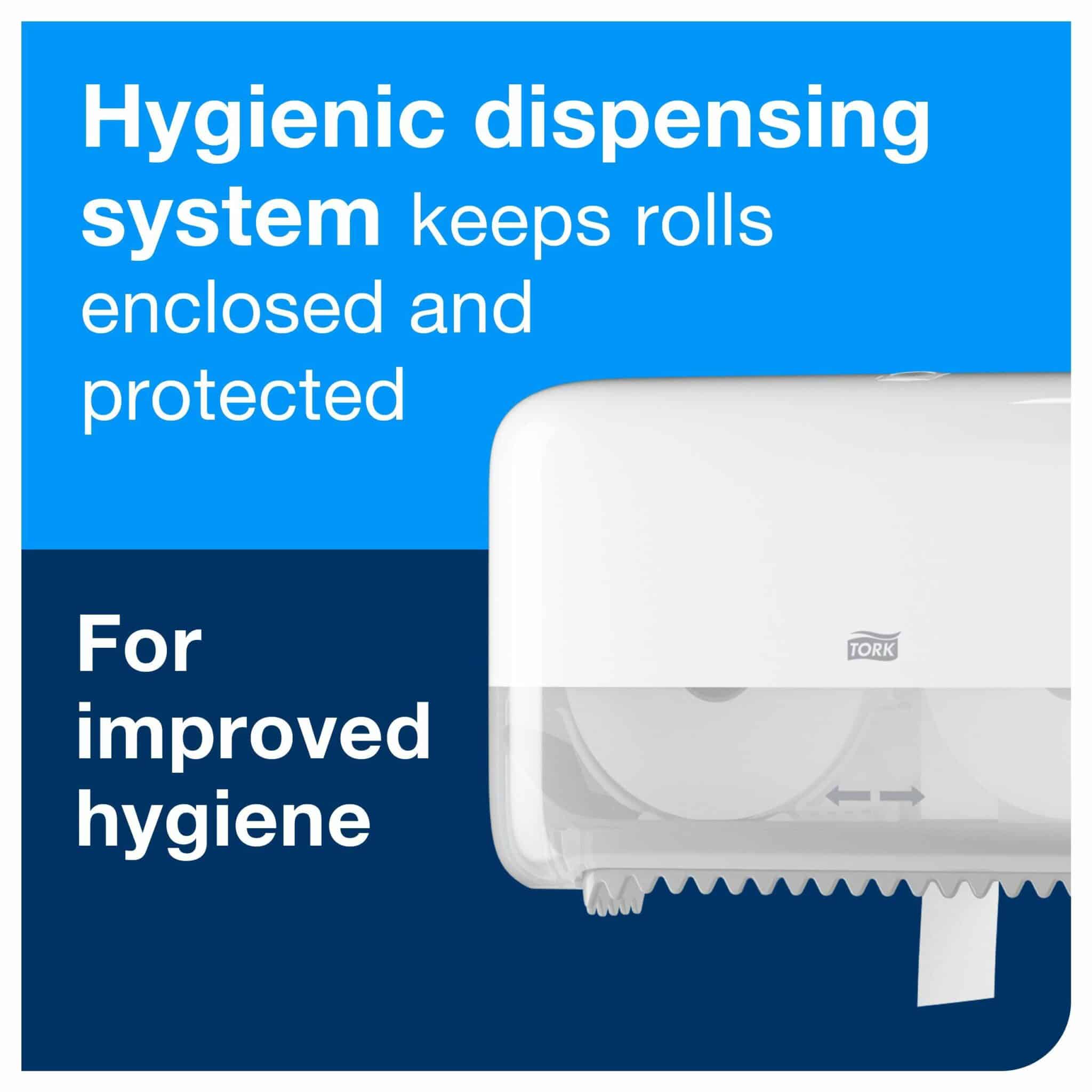 36 rolls. 2 ply. Advanced quality. Roll size L 103.5m W 9.3cm. Sheet length 11.5cm. Compatible with T7 dispensers. Tork Coreless Toilet Roll White T7, 36 rolls per case, Advanced, Mid-Size, 2-Ply