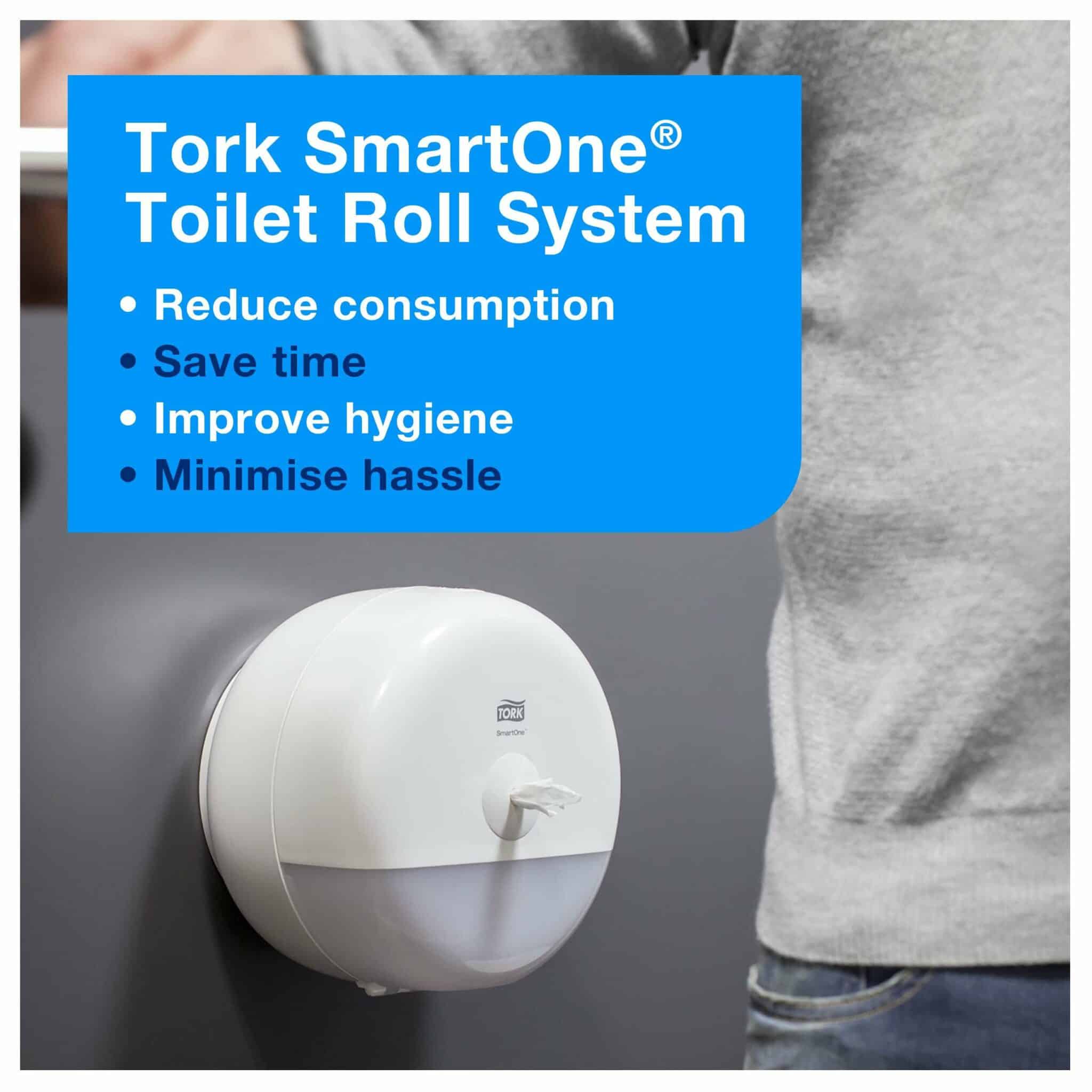 6 rolls, 1150 sheets each, 2 ply. Advanced quality. Roll size L 207m W 13.4cm. Sheet length 18cm. Core inner diameter 4.4cm. Compatible with T8 dispensers. Tork SmartOne® Toilet Roll White T8