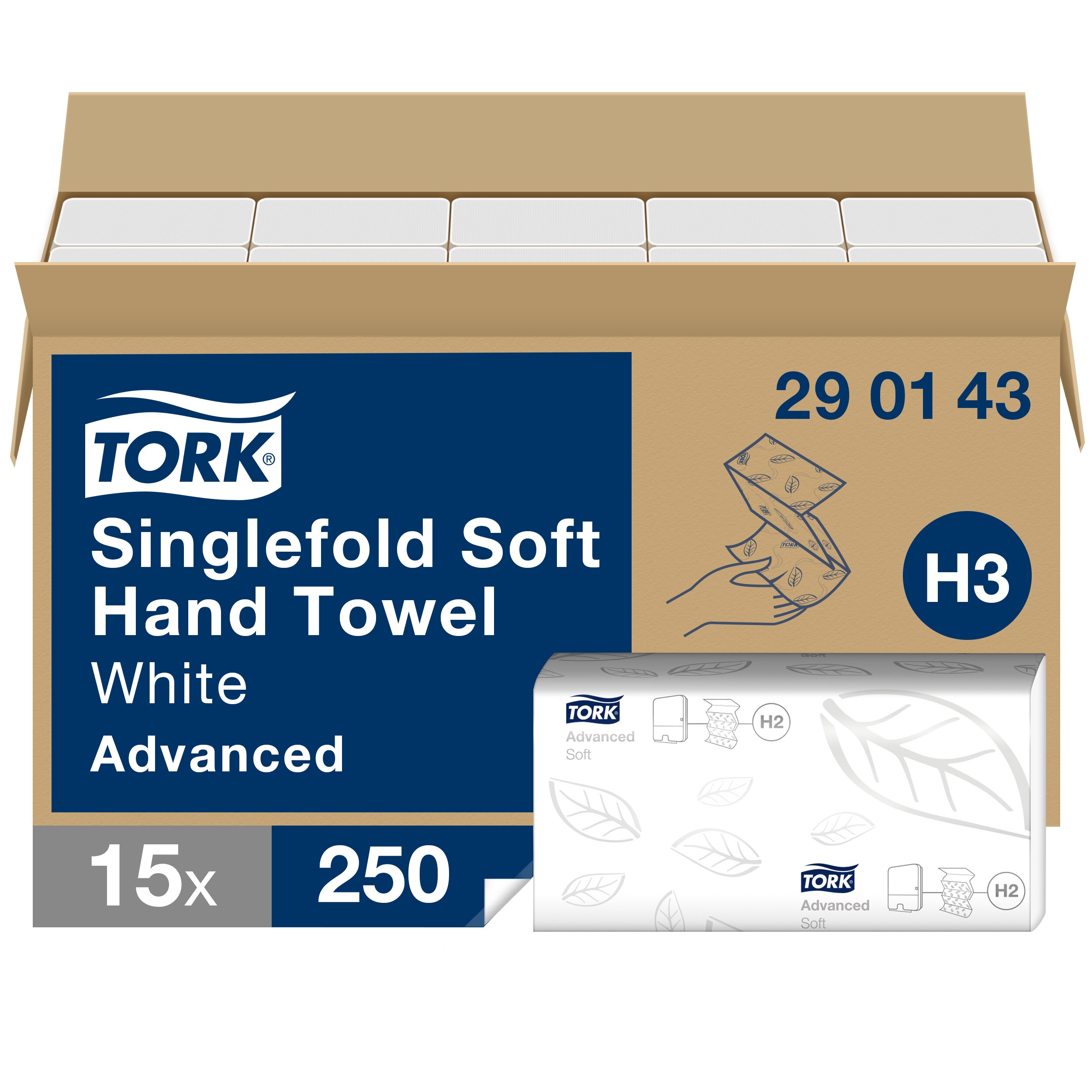 15 packs, 1 bundle per pack. 250 towels each. 2 ply. Advanced quality. Folded size L 11.5cm W 22.6cm. Unfolded size L 23cm W 22.6cm. Compatible with H3 dispensers. Tork Soft Singlefold Paper Hand Towels White H3