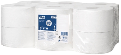 The Tork Mini Jumbo system stands for time efficiency and reduced cost, offering much more toilet paper than standard rolls. Tork Mini Jumbo Toilet Roll Universal 1 ply balances cost and performance and is suitable for medium to high-traffic locations. 12 rolls x 240m in length, 57mm core and compatible with T2 Dispenser Black / White. Tork Mini Jumbo Toilet Roll Adv 1pl 1 x 12
