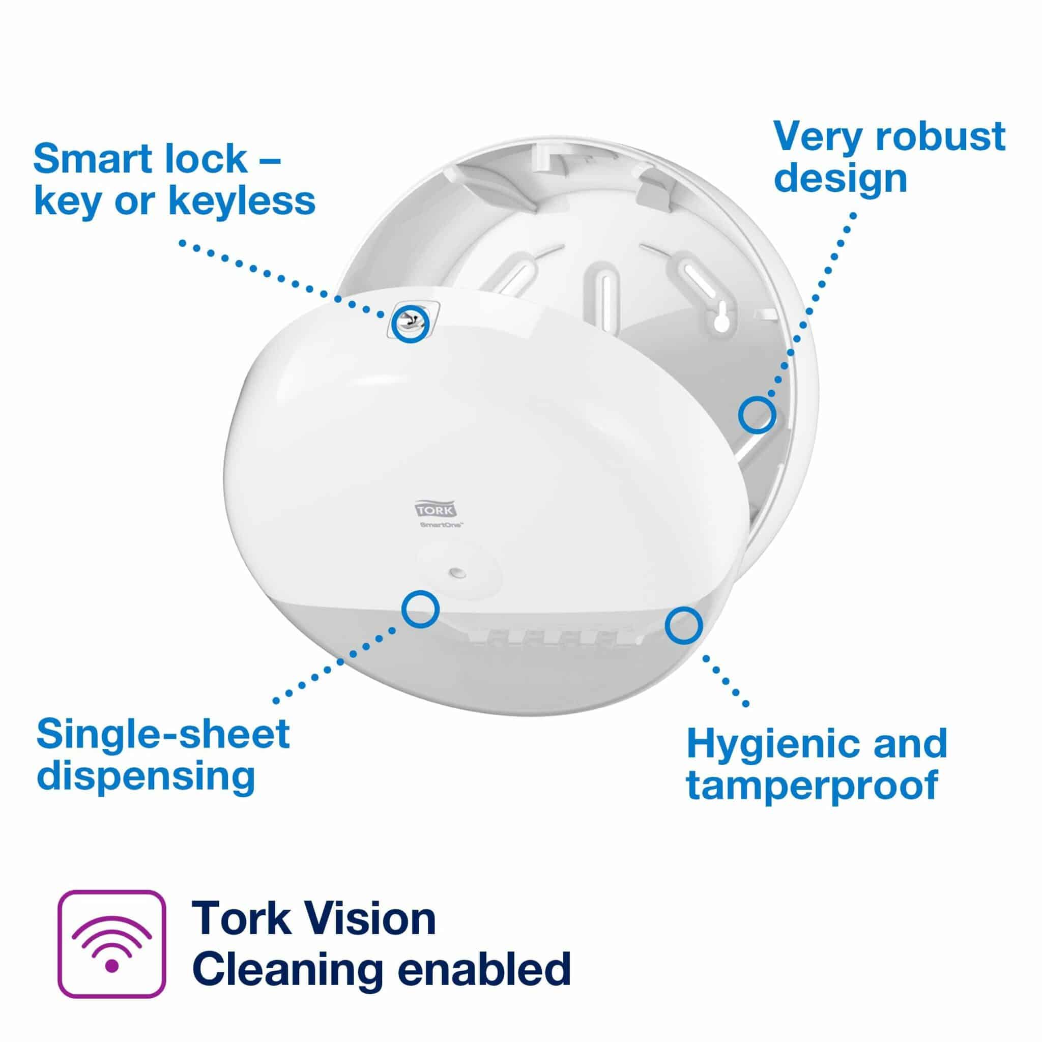 Design: Elevation. W 15.6cm. H 21.9cm. D 21.9cm. Material: Plastic. Color: White. Suitable for T9 refills from Tork. Tork SmartOne® Mini Toilet Paper Roll Dispenser White T9