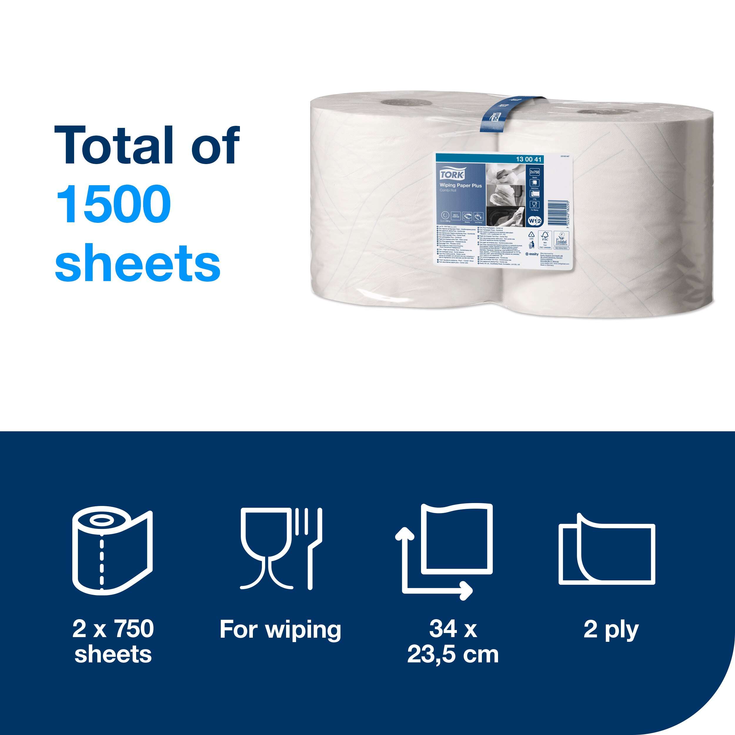 2 rolls, 750 sheets each, 2 ply. Premium quality. Roll size L 255m W 23.5cm. Sheet length 34cm. Core inner diameter 7.1cm. Compatible with W2 dispensers. Tork Wiping Paper Plus White W1/2