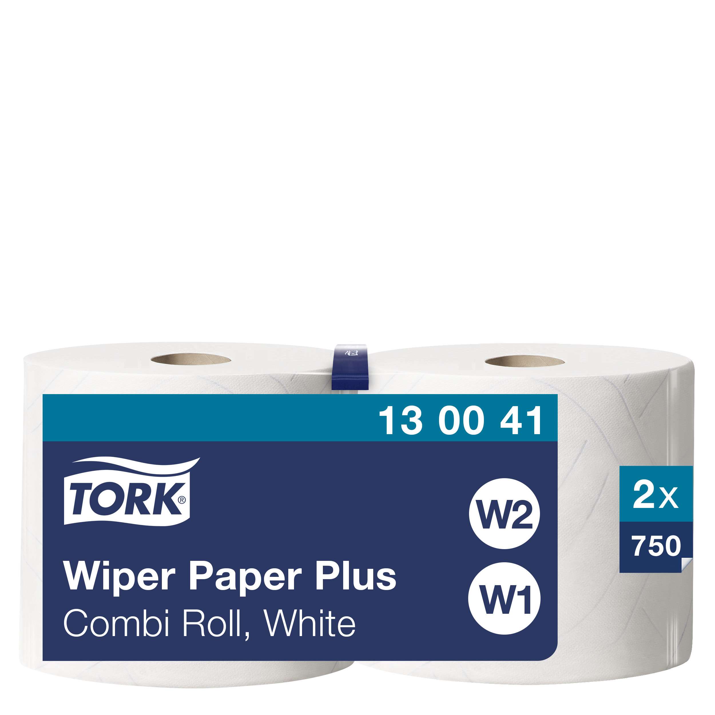 2 rolls, 750 sheets each, 2 ply. Premium quality. Roll size L 255m W 23.5cm. Sheet length 34cm. Core inner diameter 7.1cm. Compatible with W2 dispensers. Tork Wiping Paper Plus White W1/2