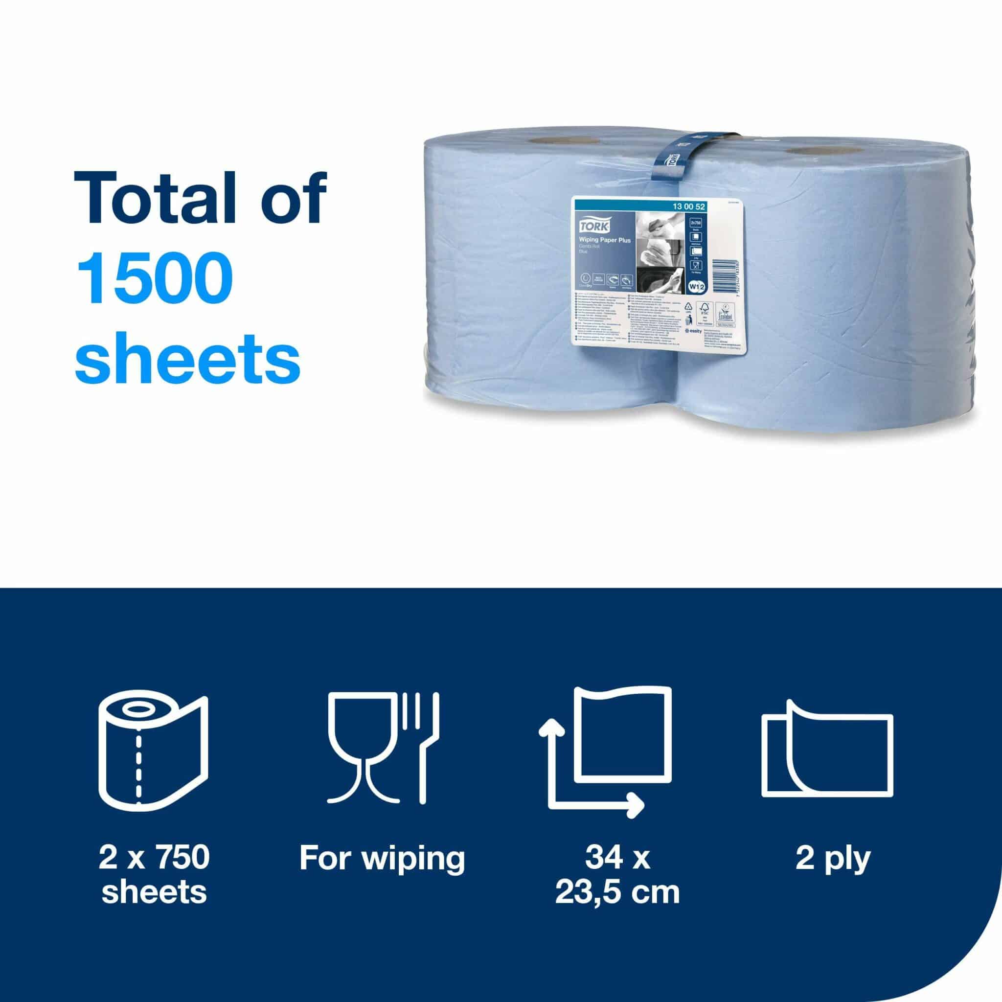 A <strong>2-ply multi-purpose Combi blue roll paper</strong> that handles various wiping tasks to meet most needs. It is ideal for mopping up liquids and wiping hands. 2 rolls, 750 sheets each. Premium quality. Note: Combi Blue Paper Rolls are compatible with both W1 & W2 Dispensers. Tork Wiping Paper Plus Blue W1/2