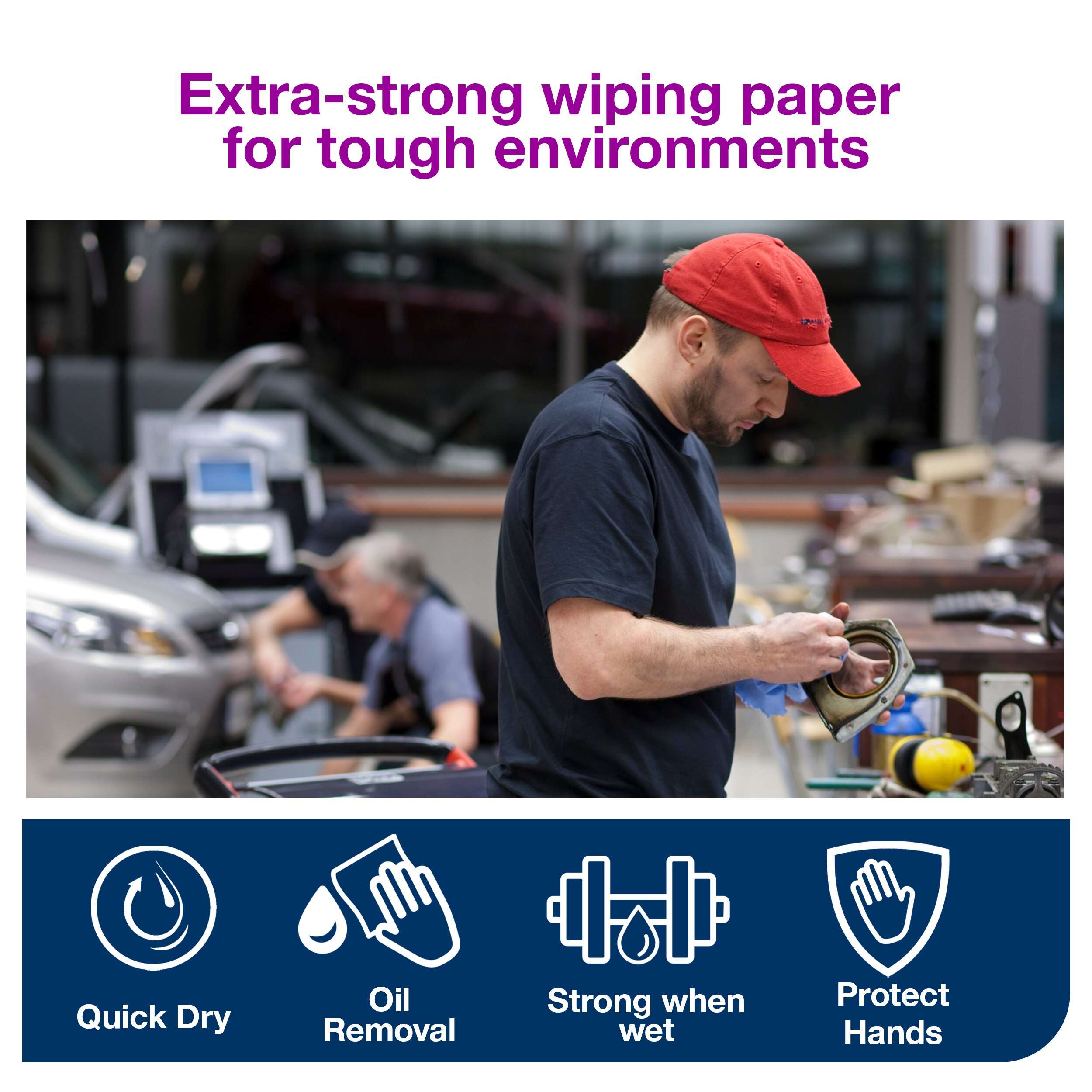The strongest 3-ply paper in the range has superior absorption and extra protection against sharp items and heat. It is ideal for wiping large liquid or oil spills as well as machinery. It is also strong when wet. Tork Industrial Heavy Duty Wiping Paper Blue W1/2