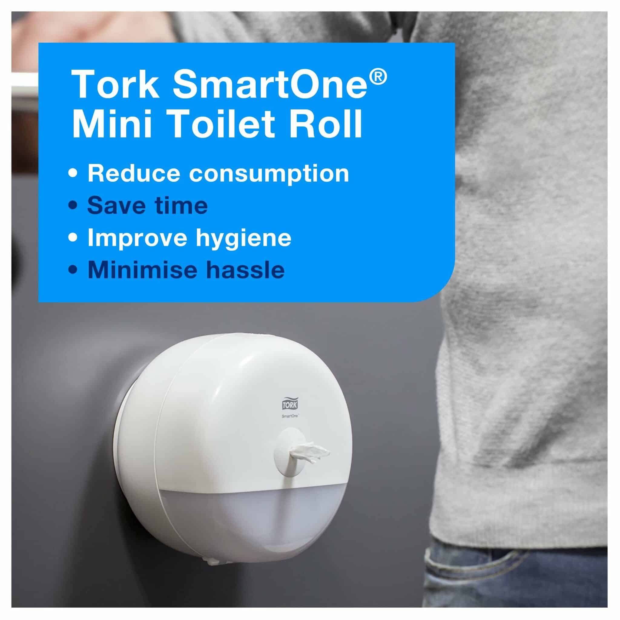 Design: Elevation. W 15.6cm. H 21.9cm. D 21.9cm. Material: Plastic. Color: White. Suitable for T9 refills from Tork. Tork SmartOne® Mini Toilet Roll White T9