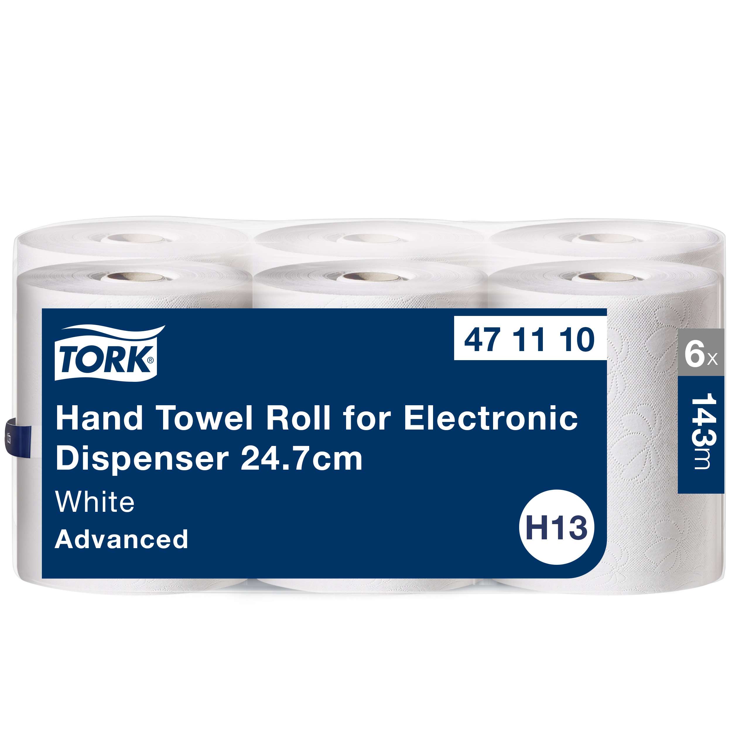 6 rolls, 2 ply. Advanced quality. Roll size L 143m W 24.7cm. Core inner diameter 4.5cm. Compatible with H13 dispensers. Tork Paper Towel Roll White H13