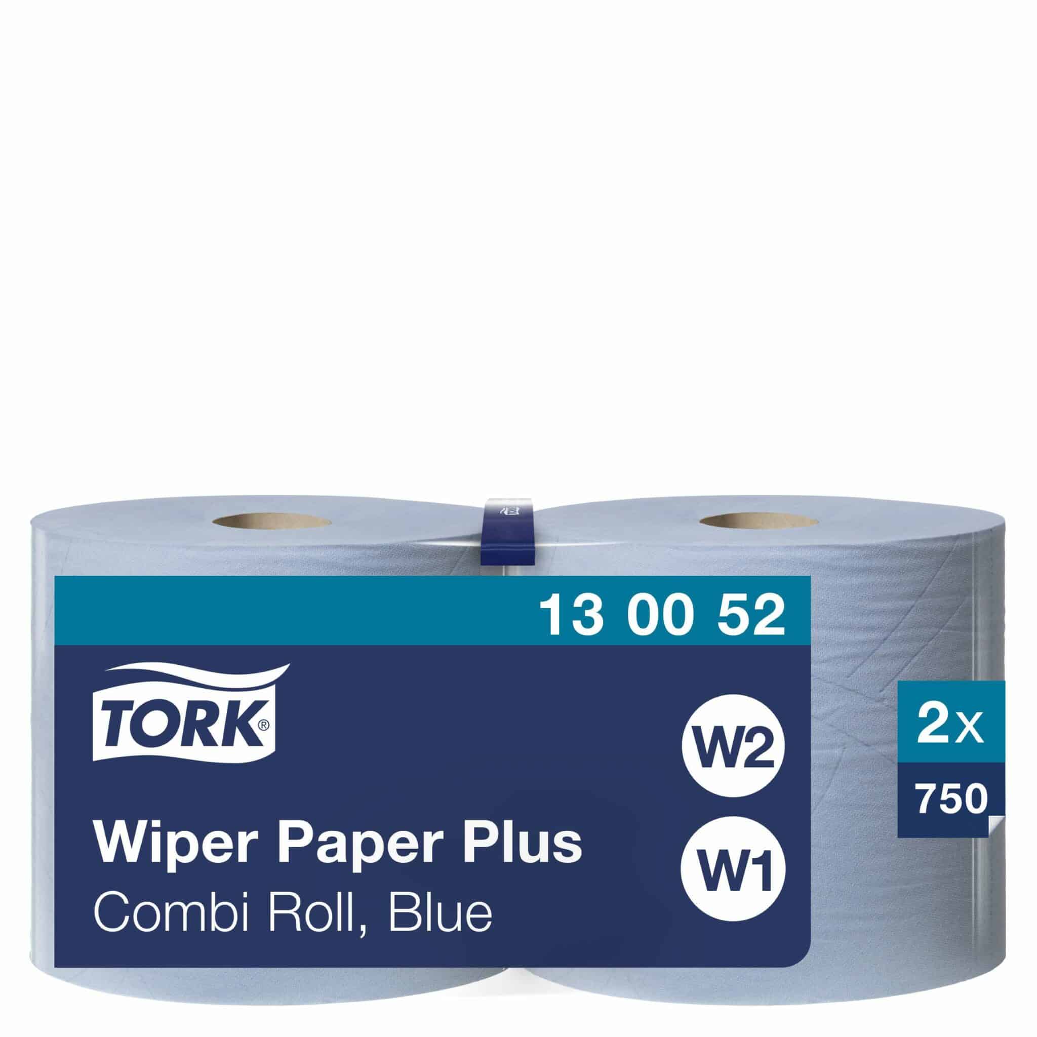A <strong>2-ply multi-purpose Combi blue roll paper</strong> that handles various wiping tasks to meet most needs. It is ideal for mopping up liquids and wiping hands. 2 rolls, 750 sheets each. Premium quality. Note: Combi Blue Paper Rolls are compatible with both W1 & W2 Dispensers. Tork Wiping Paper Plus Blue W1/2