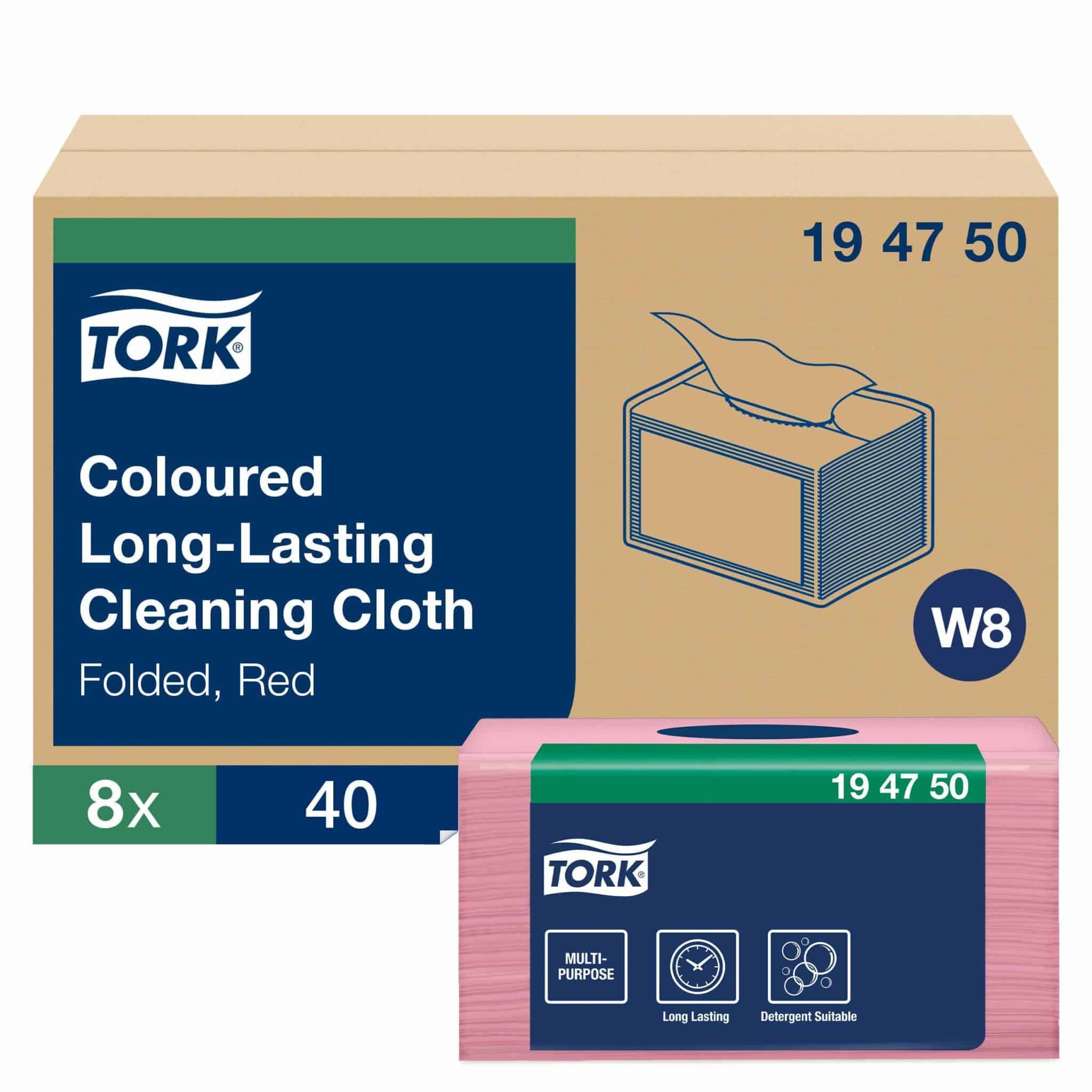 <p class="elementor-heading-title elementor-size-default">A durable and absorbent cleaning cloth that can be used repeatedly without tearing.</p> <ul class="pt-2"> <li class="ng-star-inserted">Meets your cleaning needs due to suitability with most solvents, disinfectants, and detergents.</li> <li class="ng-star-inserted">8 packs, 40 cloths each. 1 ply. Folded size L 19.3cm W 16cm. Unfolded size L 38.5cm W 30cm. Compatible with W8 dispensers.</li> </ul> Tork Long-Lasting Cleaning Cloth Red W8