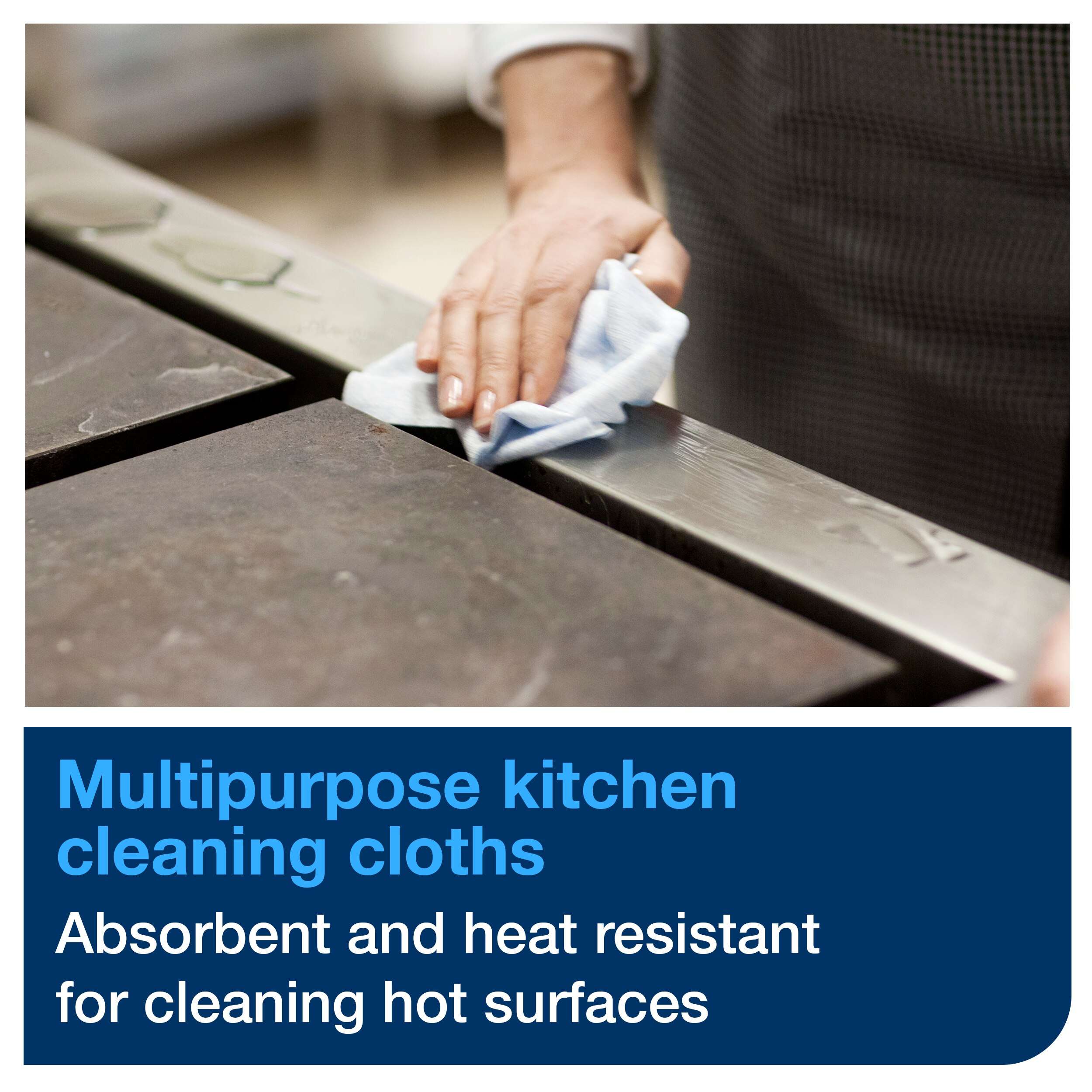 Keeping a busy kitchen clean is easy with these all-purpose kitchen cleaning cloths. <ul> <li>Their thick, highly absorbent design can swiftly mop up tough spills.</li> <li>4 packs, 75 cloths each. 1 ply. Folded size L 10.8cm Unfolded size L 41.5cm W 35.5cm. Compatible with W4 dispensers.</li> </ul> Tork Kitchen Cleaning Cloth White W4