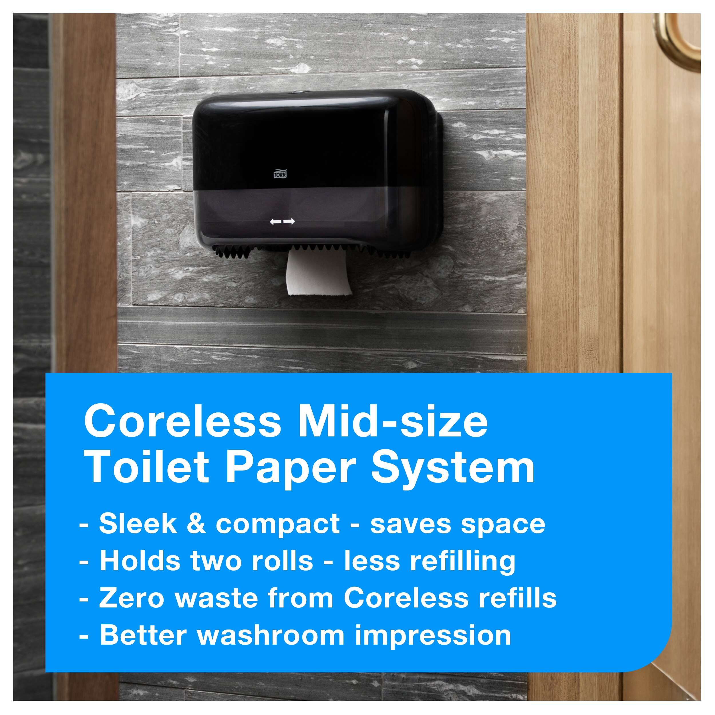 Tork OptiServe® Coreless is a high-capacity toilet paper system for facilities where efficiency, sustainability and providing a great experience are key. It´s a better alternative than conventional toilet paper and traditional jumbo rolls. Design: Elevation. W 13cm. H 20.7cm. D 36cm. Material: Plastic. Color: Black. Suitable for T7 refills from Tork. Tork Coreless Toilet Roll Dispenser Black T7