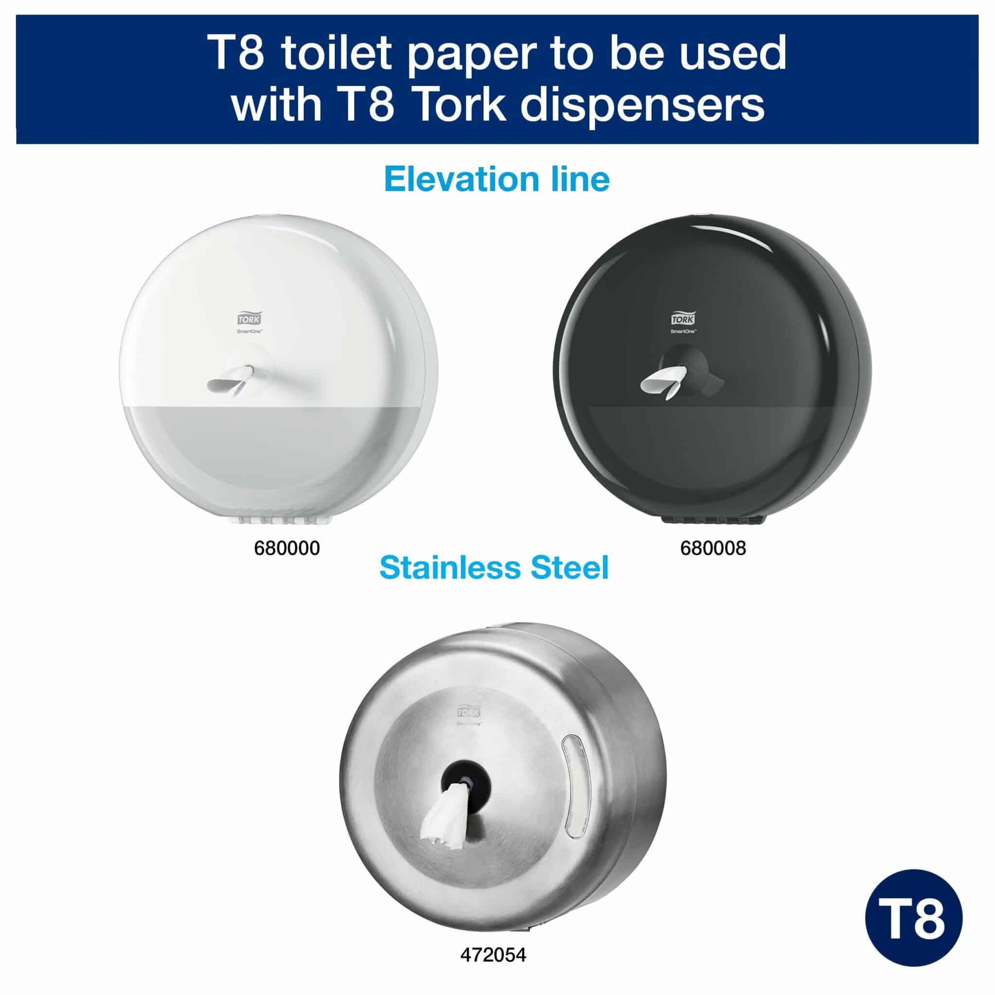 6 rolls, 1150 sheets each, 2 ply. Advanced quality. Roll size L 207m W 13.4cm. Sheet length 18cm. Core inner diameter 4.4cm. Compatible with T8 dispensers. Tork SmartOne® Toilet Roll White T8