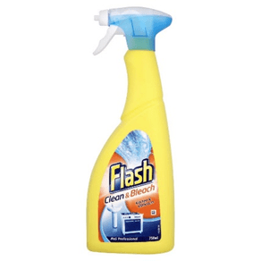• Ready-to-use spray with bleach combining hygiene and the brilliant cleaning of Flash. • Especially suitable for cleaning of kitchen and bathroom surfaces such as cooker taps, sinks, work surfaces, ceramic tiles and surfaces made of porcelain enamel. Features & Benefits: • Cleans away tough grease and tough stains • It dissolves grease easily • Recommended for effective cleaning of kitchen and bathroom surfaces • Also suitable for food contact surfaces Flash Clean & Bleach 10x750ml