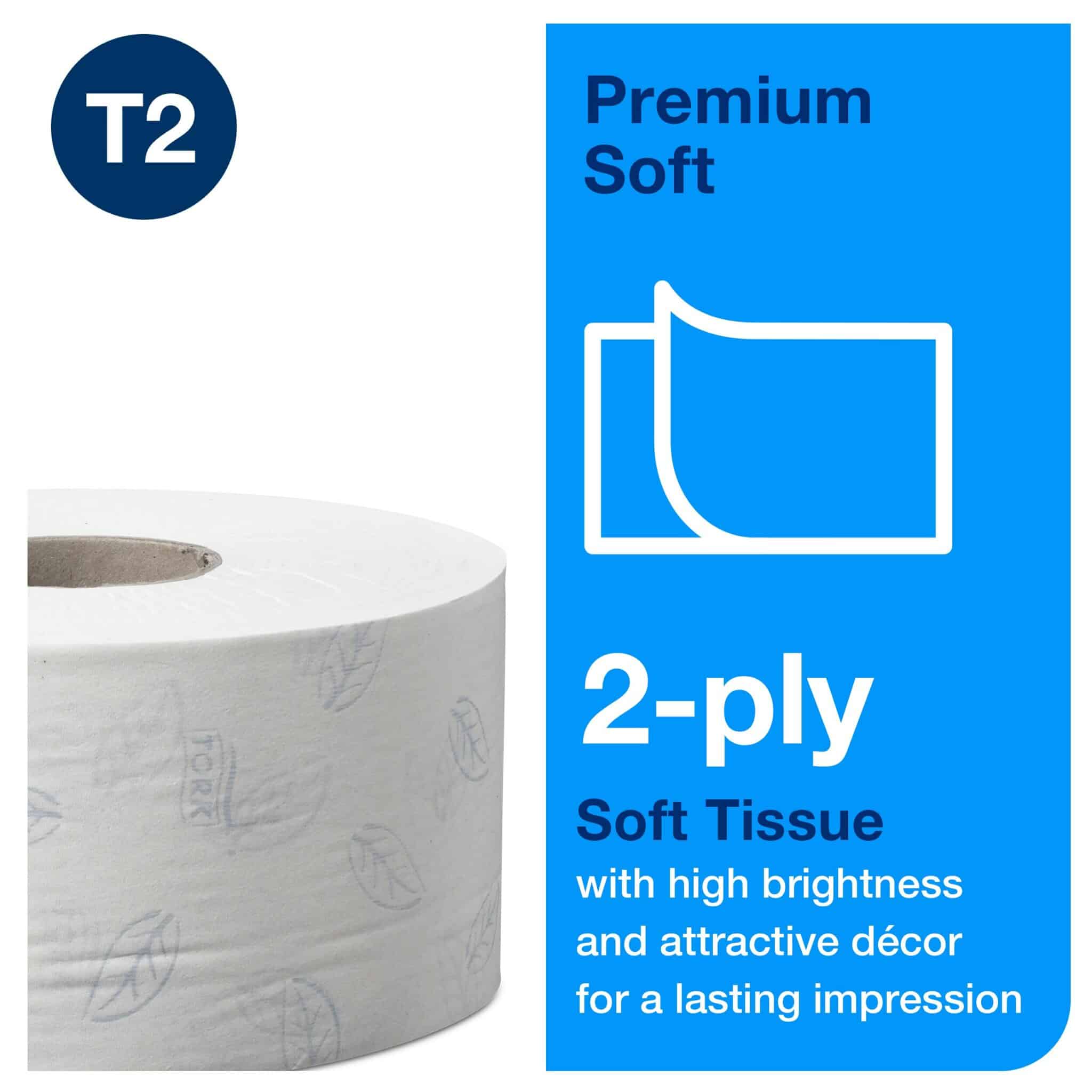 12 rolls. 2 ply. Premium quality. Roll size L 170m W 9.35cm. Sheet length 20cm. Core inner diameter 5.9cm. Compatible with T2 dispensers. Tork Soft Mini Jumbo Toilet Paper Roll White T2