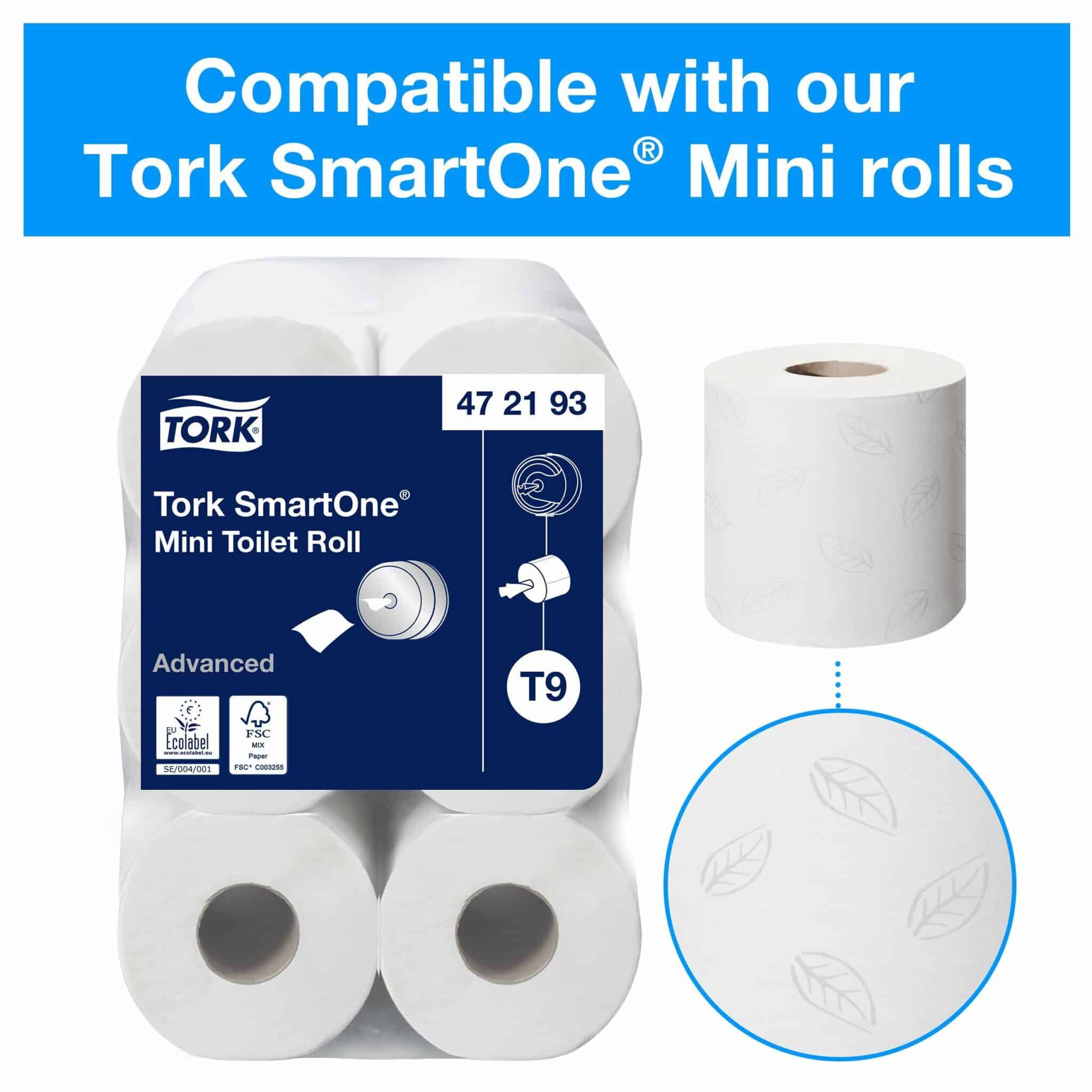 Design: Elevation. W 15.6cm. H 21.9cm. D 21.9cm. Material: Plastic. Color: White. Suitable for T9 refills from Tork. Tork SmartOne® Mini Toilet Paper Roll Dispenser Black T9