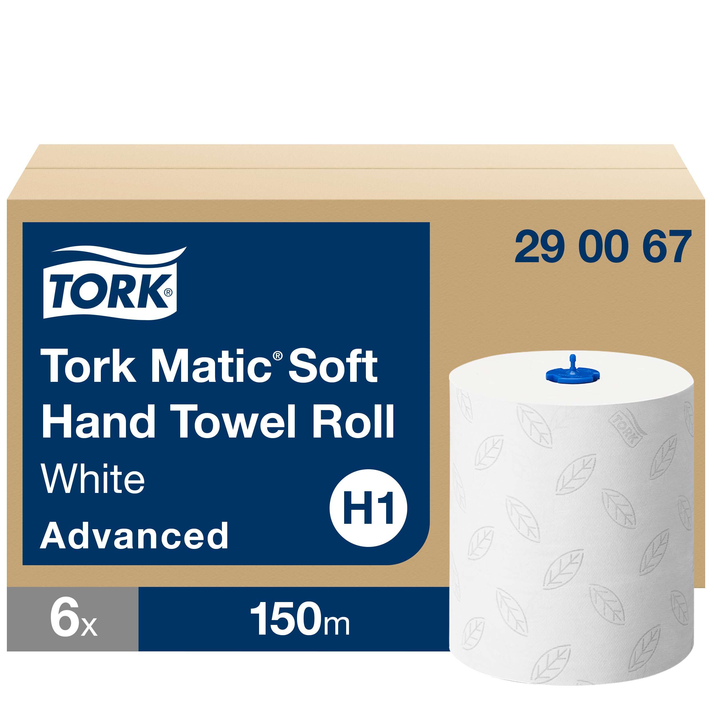 6 rolls, 2 ply. Advanced quality. Roll size L 150m W 21cm. Core inner diameter 3.8cm. Compatible with H1 dispensers. Tork Matic® Soft Paper Hand Towels White with Grey Leaf H1