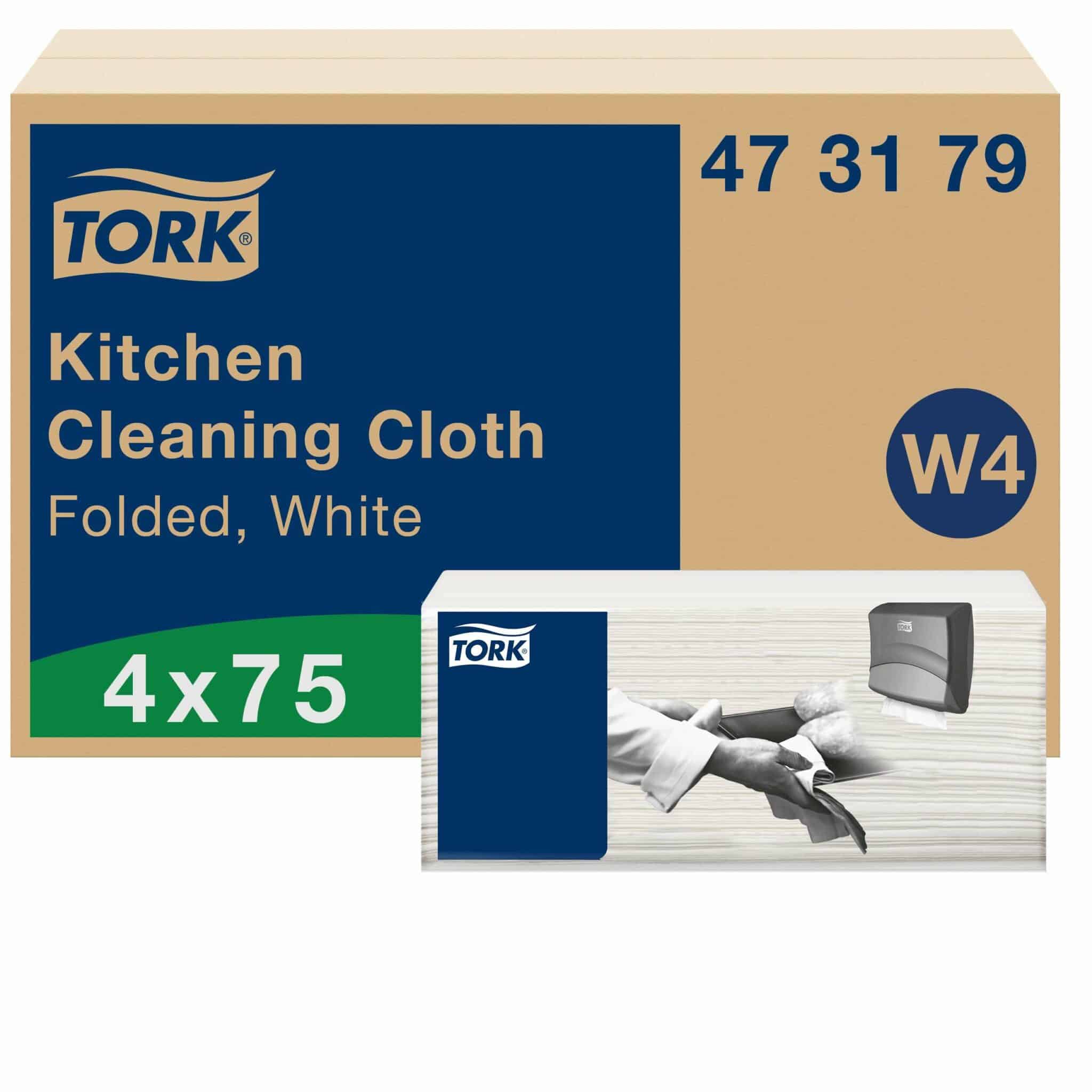 Keeping a busy kitchen clean is easy with these all-purpose kitchen cleaning cloths. <ul> <li>Their thick, highly absorbent design can swiftly mop up tough spills.</li> <li>4 packs, 75 cloths each. 1 ply. Folded size L 10.8cm Unfolded size L 41.5cm W 35.5cm. Compatible with W4 dispensers.</li> </ul> Tork Kitchen Cleaning Cloth White W4