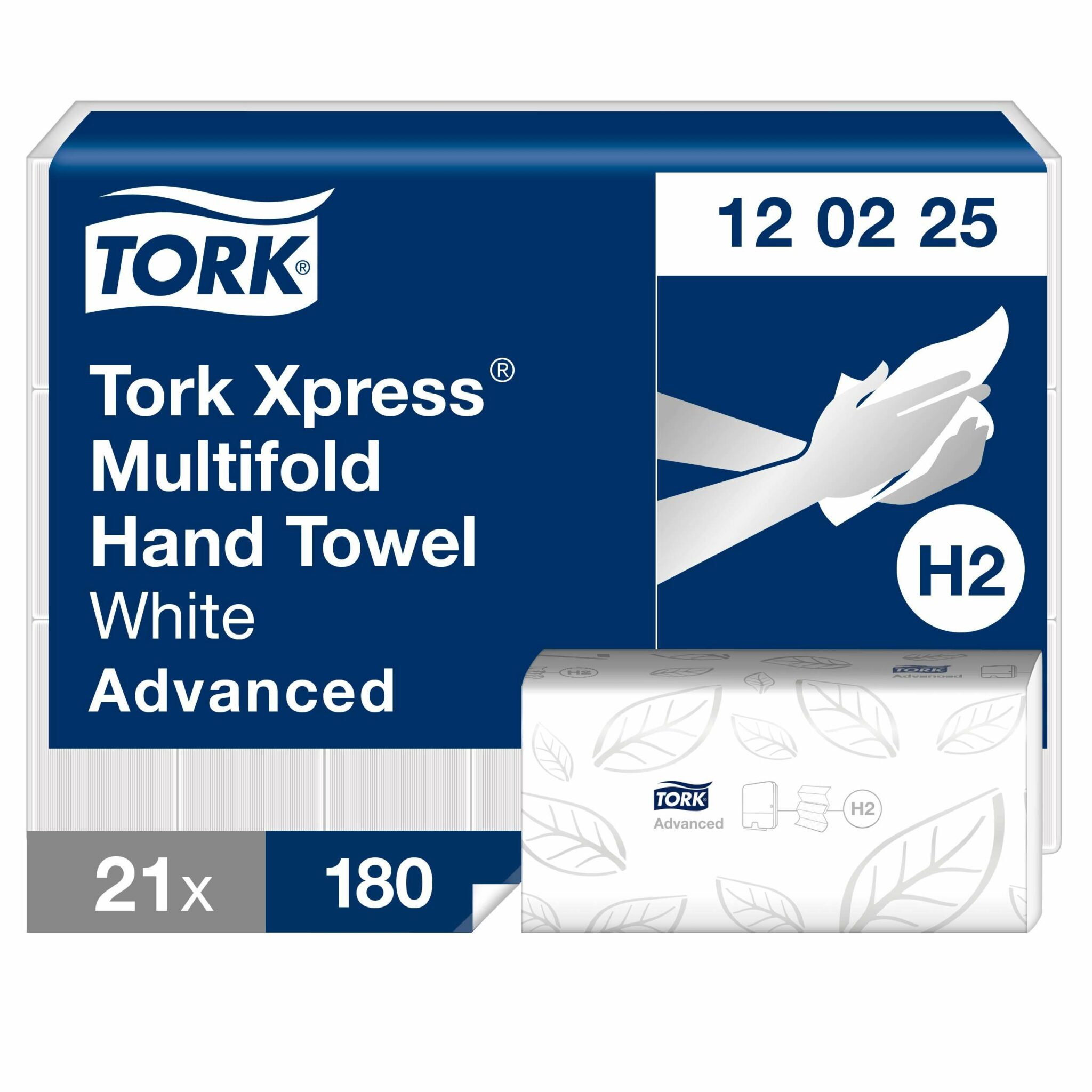 21 packs, 180 paper hand towels each. 2 ply. Advanced quality. Folded size L 8cm W 21.3cm. Unfolded size L 24cm W 21.3cm. Compatible with H2 dispensers. Provide comfort to your guests with the Advanced Tork Xpress Soft Multifold Hand Towels that have a good absorption to ensure dry hands. Tork Xpress® Multifold Hand Towels White H2
