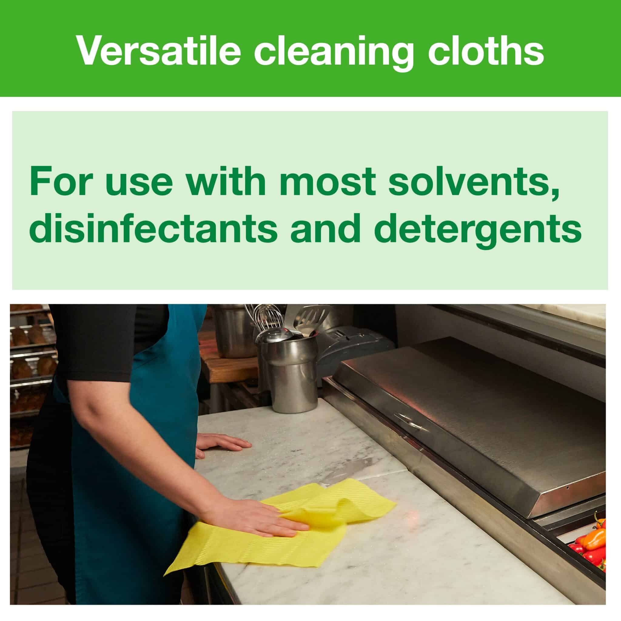 A durable and absorbent cleaning cloth that can be used repeatedly without tearing. <ul class="pt-2"> <li class="ng-star-inserted">Meets your cleaning needs due to suitability with most solvents, disinfectants, and detergents.</li> <li class="ng-star-inserted">8 packs, 40 cloths each. 1 ply. Folded size L 19.3cm W 16cm. Unfolded size L 38.5cm W 30cm. Compatible with W8 dispensers.</li> </ul> Tork Long-Lasting Cleaning Cloth Yellow W8