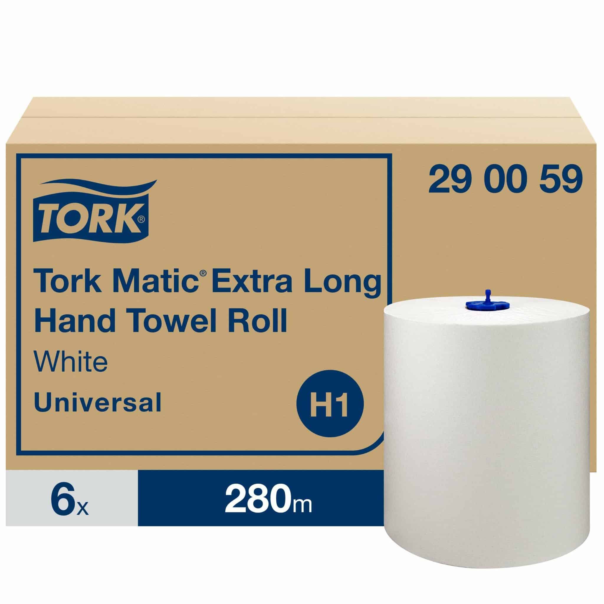 Tork Matic® extra-long hand towel roll provides a high capacity that is ideal for busy washrooms found in places like schools and airports. 6 rolls, 1 ply. Universal quality. Roll size L 280m W 21cm. Core inner diameter 3.8cm. Compatible with H1 dispensers. Tork Matic® Extra Long Paper Hand Towels White H1