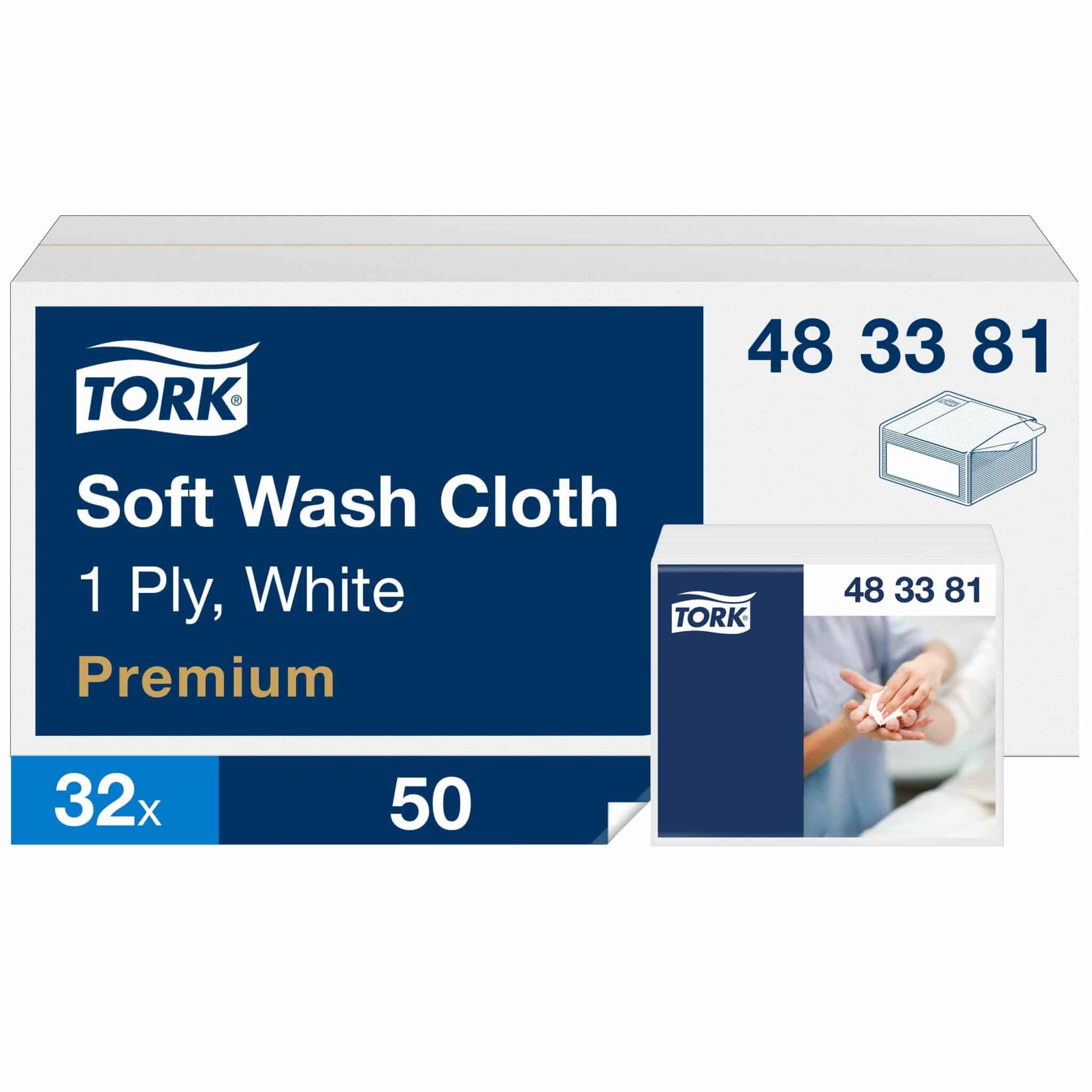 32 packs, 50 sheets each. 1 ply. Folded size L 14.5cm W 14.5cm. Unfolded size L 29cm W 29cm. Tork Soft Wash Cloth White