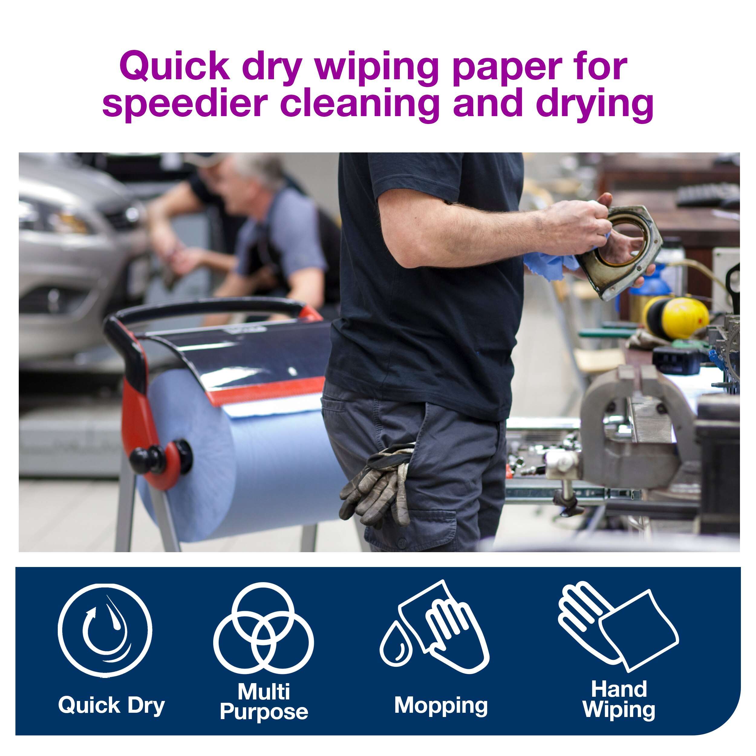 A <strong>2-ply multi-purpose blue roll paper</strong> that handles various wiping tasks to meet most needs. It is ideal for mopping up liquids and wiping hands. One roll, 1500 sheets. Premium quality. Roll size L 510m W 23.5cm. Sheet length 34cm. Core inner diameter 7.1cm. Compatible with W1 dispensers. Tork Wiping Paper Plus Blue W1