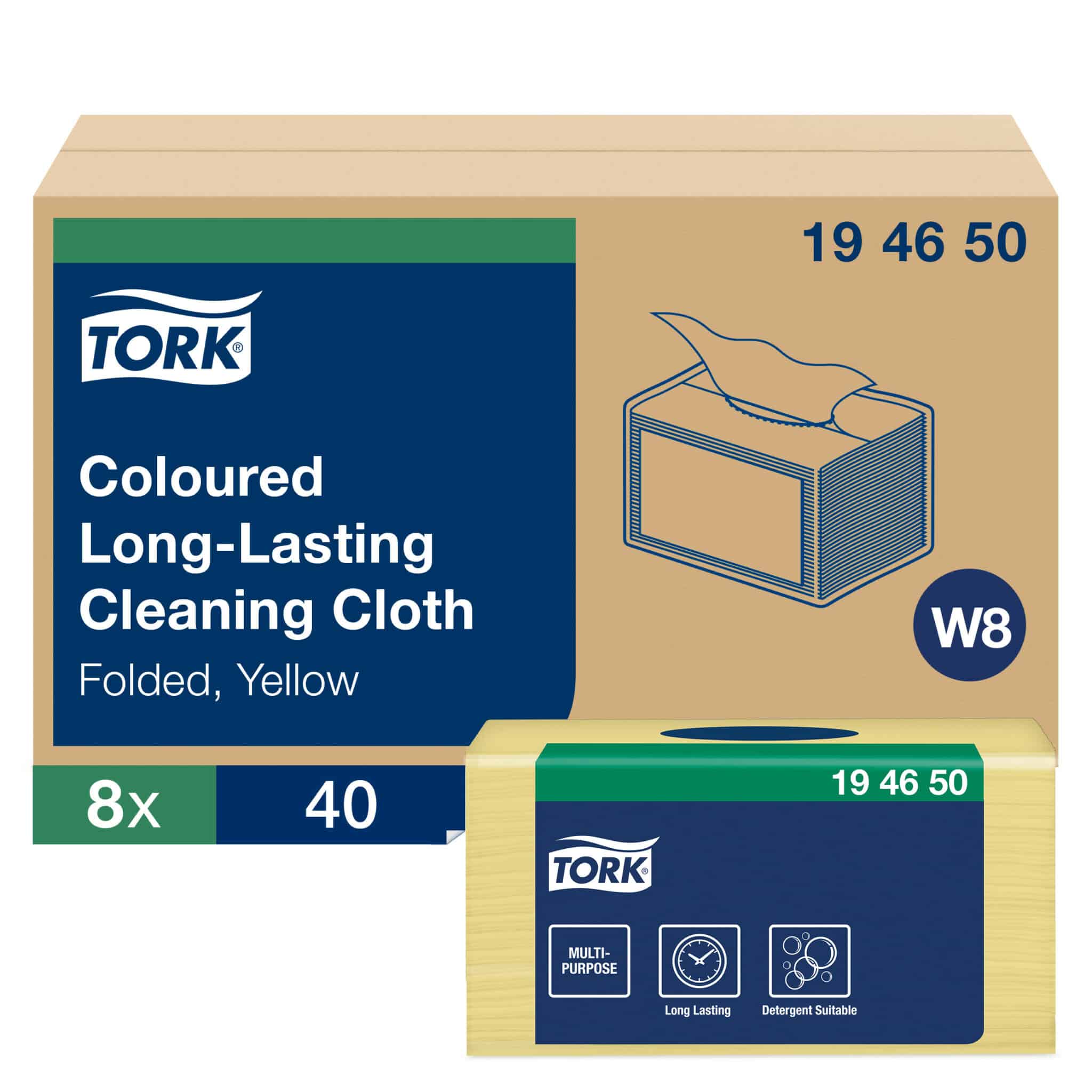 A durable and absorbent cleaning cloth that can be used repeatedly without tearing. <ul class="pt-2"> <li class="ng-star-inserted">Meets your cleaning needs due to suitability with most solvents, disinfectants, and detergents.</li> <li class="ng-star-inserted">8 packs, 40 cloths each. 1 ply. Folded size L 19.3cm W 16cm. Unfolded size L 38.5cm W 30cm. Compatible with W8 dispensers.</li> </ul> Tork Long-Lasting Cleaning Cloth Yellow W8