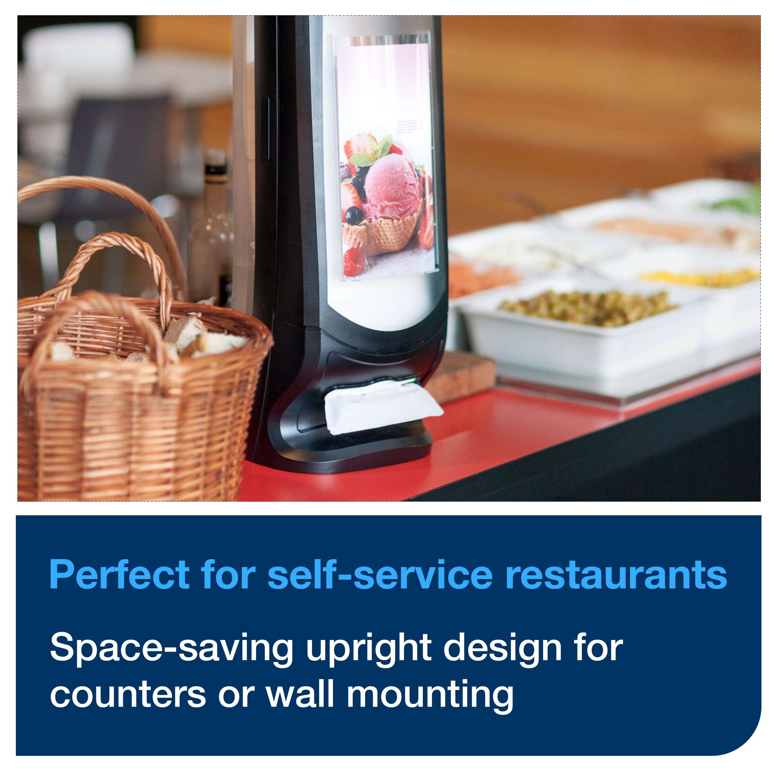 This modern dispenser delivers napkins one at a time, improving hygiene and reducing consumption by at least 25% compared to traditional napkin dispensers. The wall-mounting feature allows for quick, permanent installation. Design: Signature line. W 23.5cm. H 62.2cm. D 23.5cm. Material: Plastic. Colour: Black. Suitable for N4 refills from Tork. Tork Xpressnap® Stand Napkin Dispenser Black N4