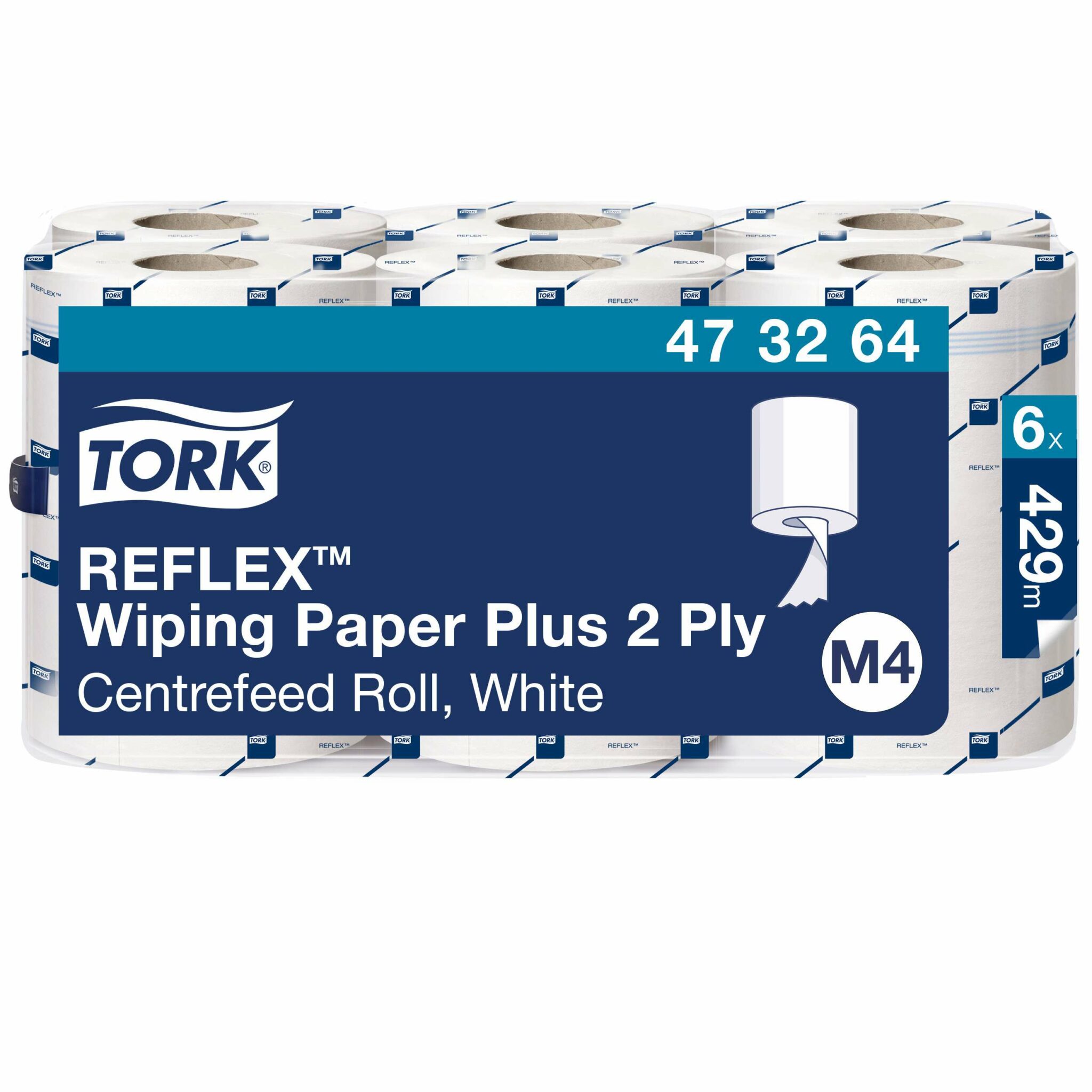 6 rolls, 429 sheets each, 2 ply. Advanced quality. Roll size L 150m W 19.4cm. Sheet length 35cm. Core inner diameter 5.9cm. Compatible with M4 dispensers. Tork Reflex™ Wiping Paper Towel White Plus M4