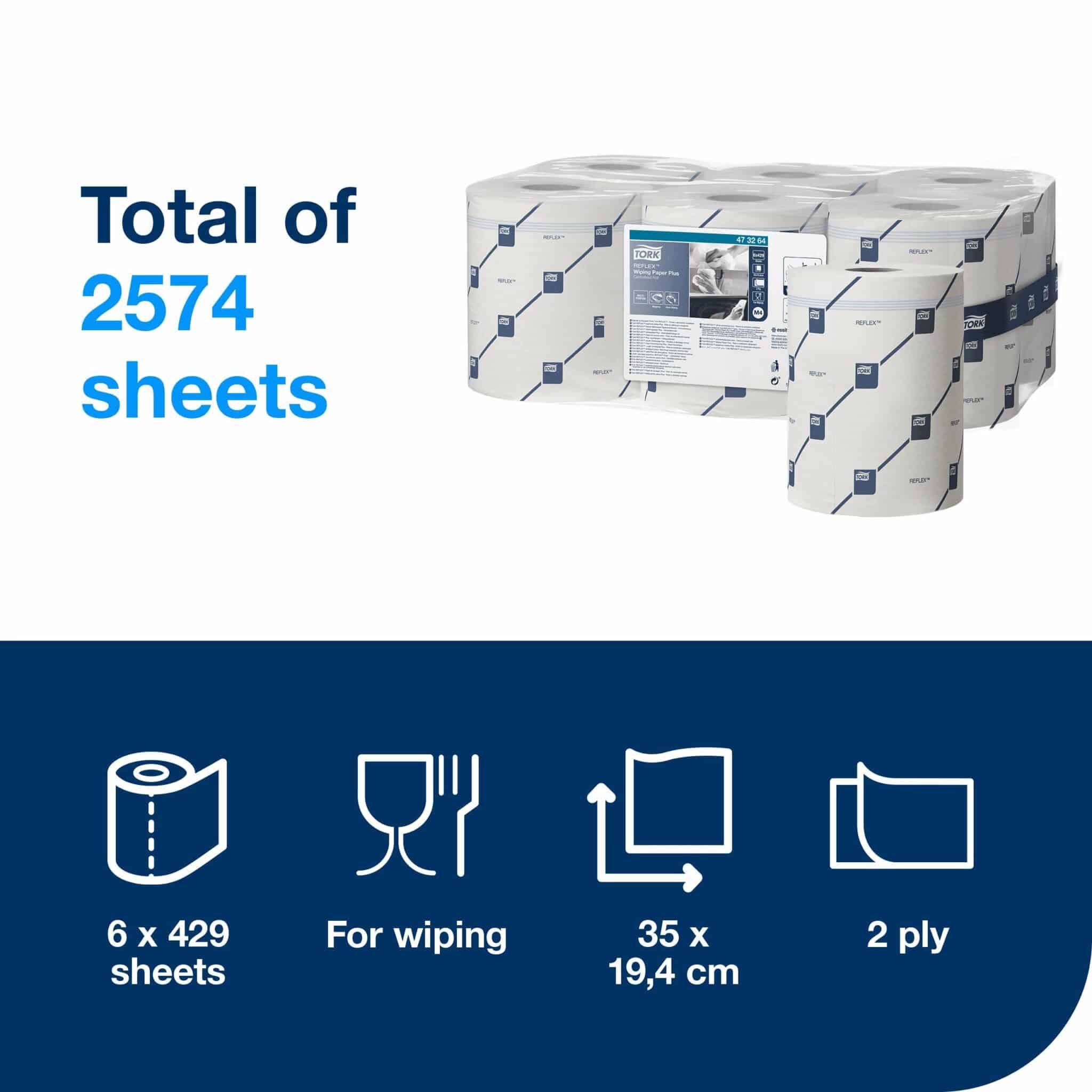 6 rolls, 429 sheets each, 2 ply. Advanced quality. Roll size L 150m W 19.4cm. Sheet length 35cm. Core inner diameter 5.9cm. Compatible with M4 dispensers. Tork Reflex™ Wiping Paper Towel White Plus M4