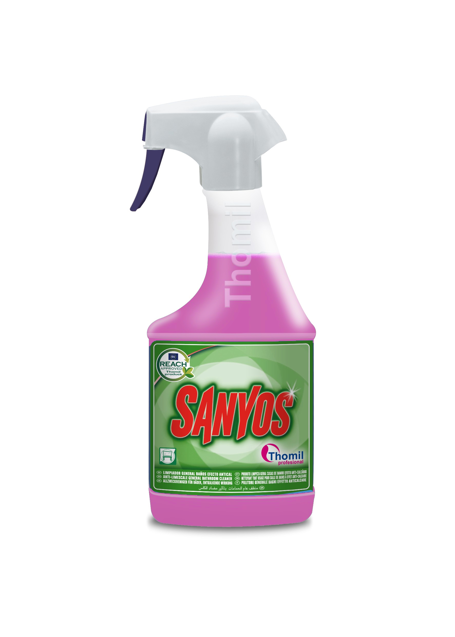 Acid bathroom cleaner with sanitizing action. Removes easily soap scum, lime and rust from bath screens, glazed tiles, toilets, sink base cabinets and bathroom fittings, without damaging them. Bathroom Cleaner