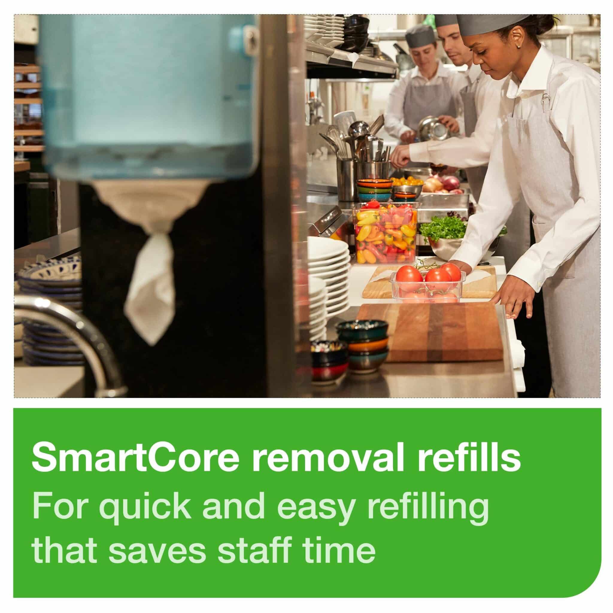 Design: Performance. W 19.1cm. H 32.1cm. D 18cm. Material: Plastic. Color: White/Turqoise. Suitable for M3 refills from Tork. Tork Reflex™ Mini Centrefeed Dispenser White and Turquoise M3