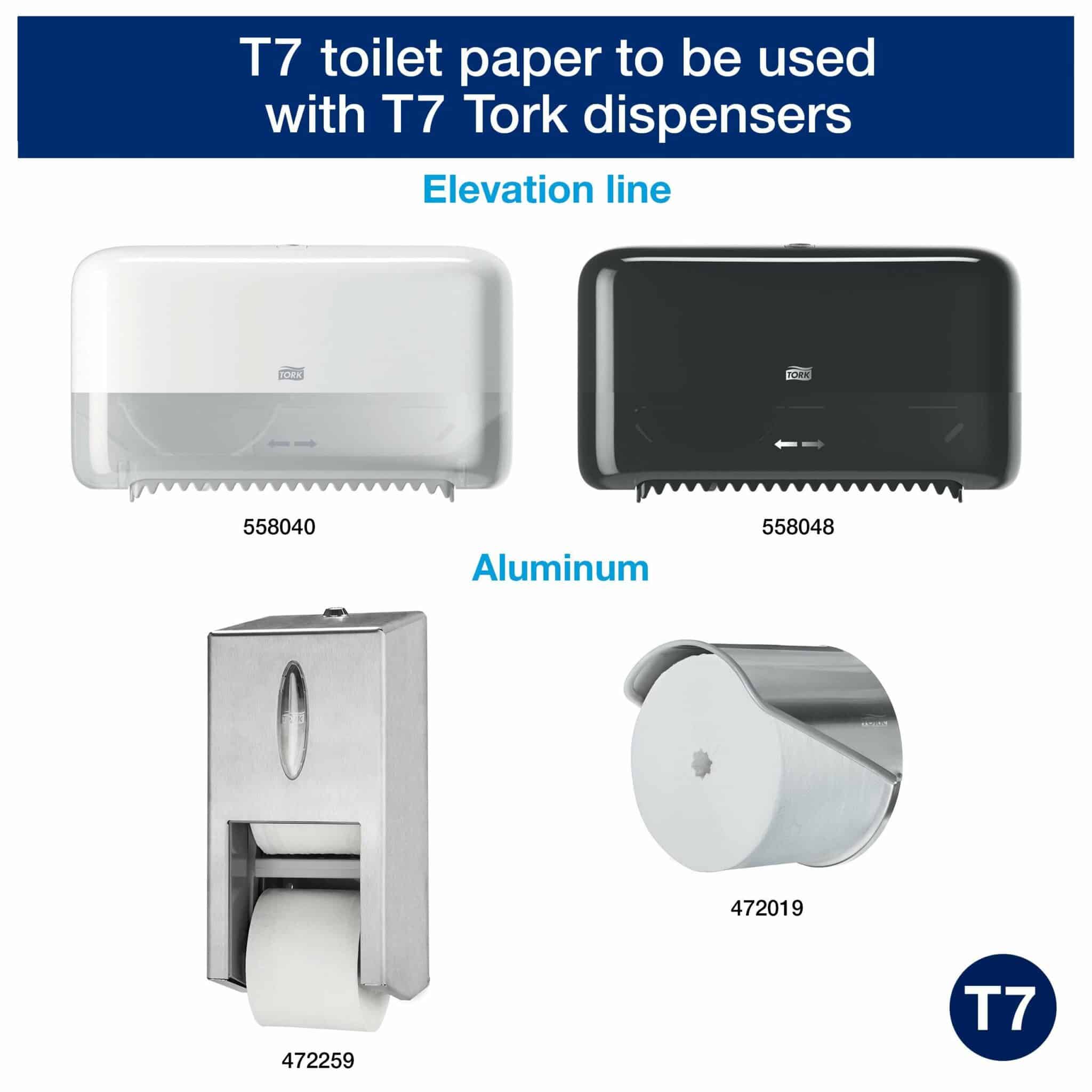 36 rolls. 2 ply. Advanced quality. Roll size L 103.5m W 9.3cm. Sheet length 11.5cm. Compatible with T7 dispensers. Tork Coreless Toilet Roll White T7