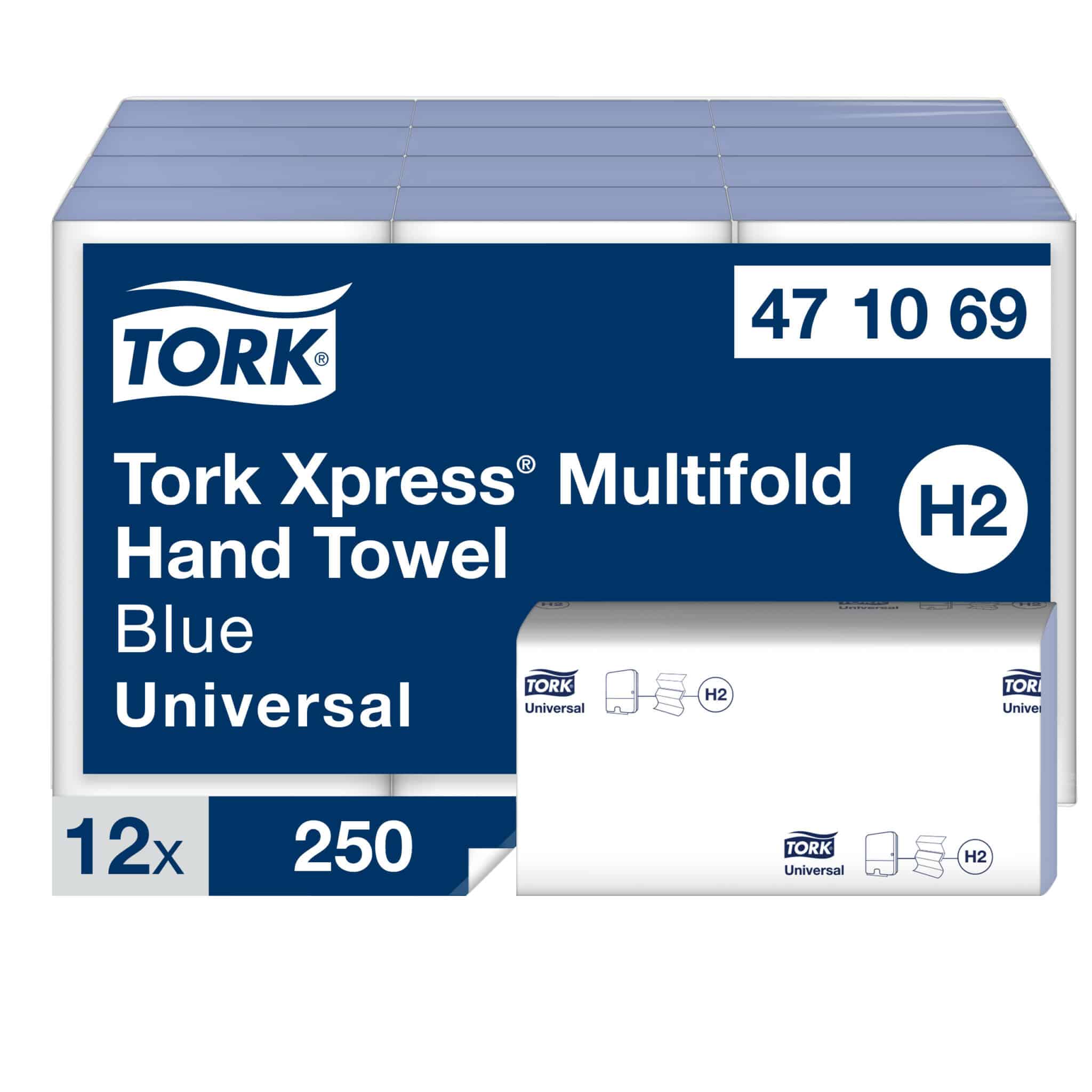 12 packs, 250 paper hand towels each. 1 ply. Universal quality. Folded size L 8.1cm W 21.3cm. Unfolded size L 24.1cm W 21.3cm. Compatible with H2 dispensers. Satisfy basic hand drying needs with the Universial Tork Xpress Soft Multifold Hand Towels that provide an economic value for your money. Tork Xpress® Multifold Hand Towels Blue H2