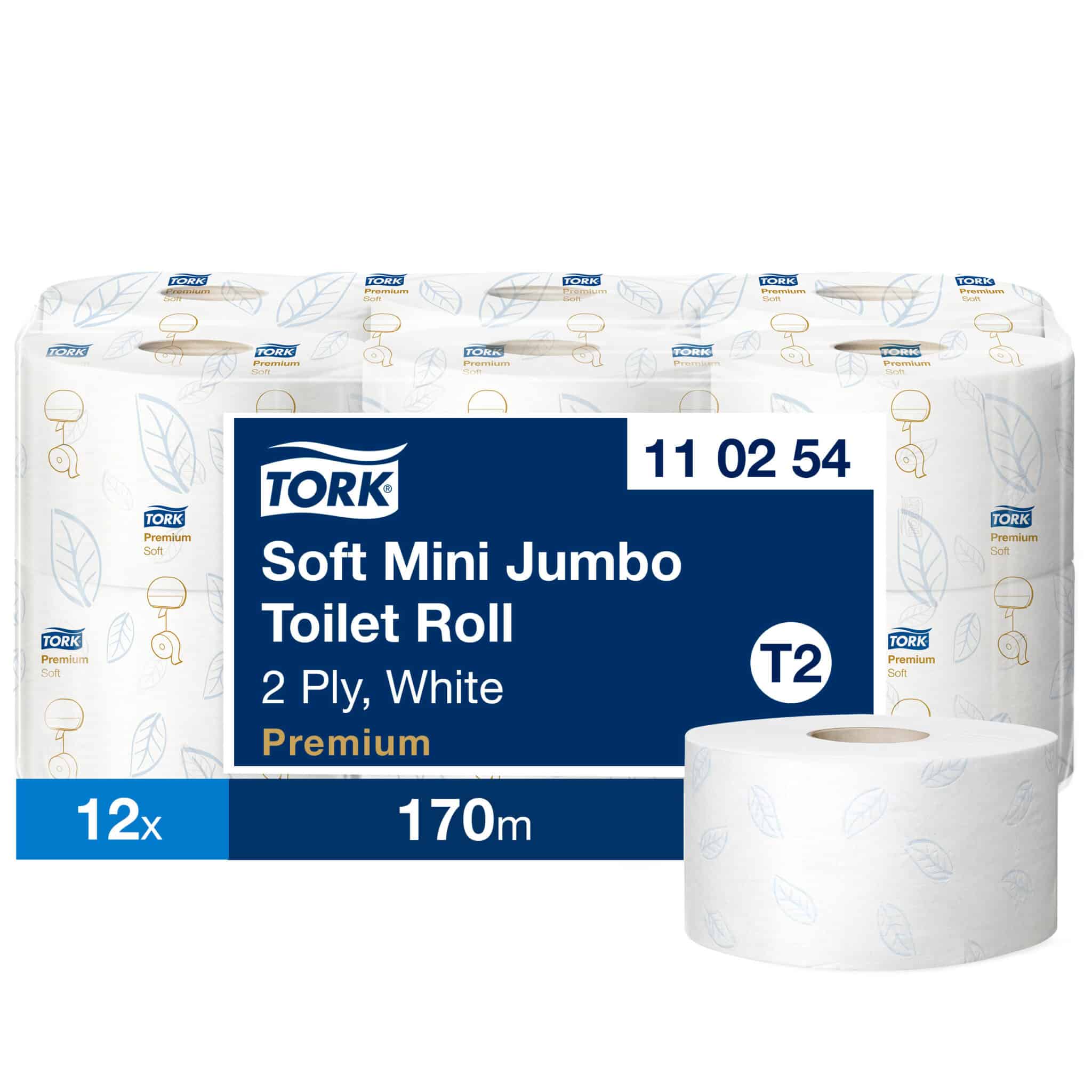12 rolls. 2 ply. Premium quality. Roll size L 170m W 9.35cm. Sheet length 20cm. Core inner diameter 5.9cm. Compatible with T2 dispensers. Tork Soft Mini Jumbo Toilet Paper Roll White T2