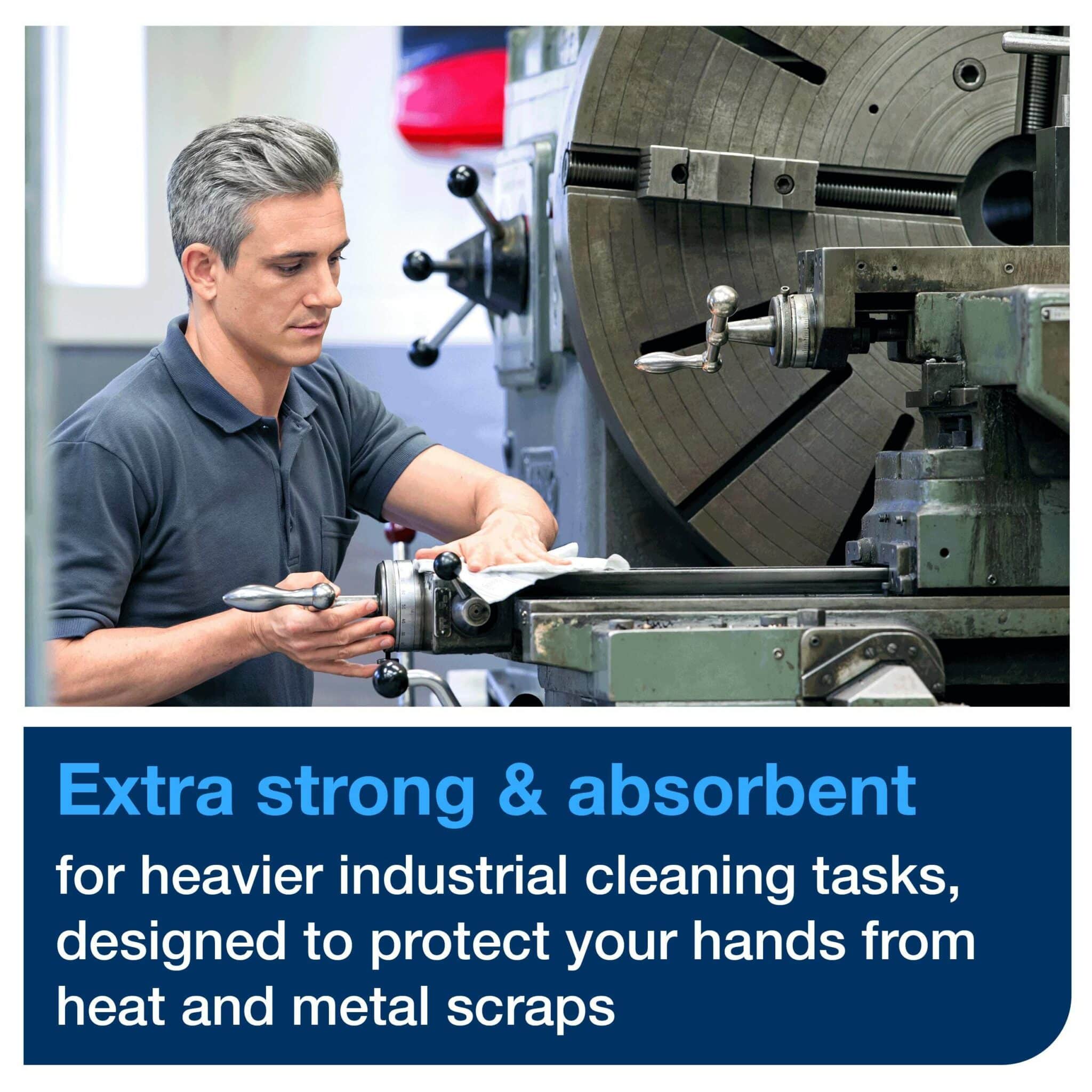 <ul> <li>Protect hands from heat and metal scraps with Industrial Heavy-Duty Cleaning Cloth</li> <li>Easily remove stubborn oil, grease and watermarks in industrial environments</li> <li>4 packs, 60 cloths each. 1 ply. Folded size L 10.8cm W 35.5cm. Unfolded size L 41.5cm W 35.5cm. Compatible with W4 dispensers.</li> </ul> Tork Industrial Heavy-Duty Cleaning Cloth Blue W4