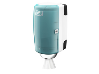 The Tork® Mini Centrefeed dispenser in Performance Design is a compact solution for professional environments where both hand and surface wiping are required. Wipe surfaces quickly due to the unrestricted flow feature that allows users to take as much as their tasks require. Tork Performance is the next generation of dispensers for professional wiping. The right combination of dispenser and wiper will boost productivity, while reducing your overall cost-in-use. One-hand operation makes it easy to use Reduced cross-contamination risks because users only touch what they use Improved overall hygiene due to easy cleaning The versatile lock mechanism helps to control misuse. Tork Mini C/feed Dispenser M1 White/Turq.