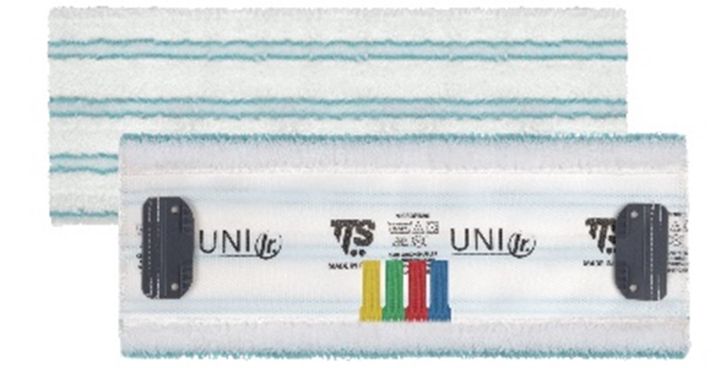 Uni Junior Soft Band flat mop in white microfibre with green brushed fibre strips with intensive action, polyester support Uni Junior Soft Band Flat Mop Heads x1