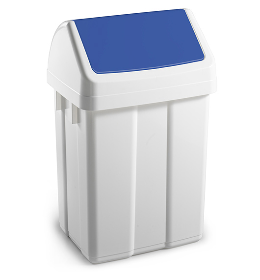 • White polypropylene bin • Blue swinging lid • 50 litre • Size - 290x360x650 mm • Swinging lid to drop off easily the garbage • Removable lid to empty for easy cleaning • Ideal for medium-large rooms (food service, schools, stations) Plastic Dust Bin 50L Blue x1