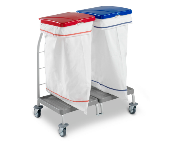 • 2x70 L Rilsan varnished linen trolley with lids • Laundry trolley with bag holder for separate linen collection • Ideal to collect dirty linen in areas with separate linen collection • Bags not included Laundry Trolley W Twin Bag holders