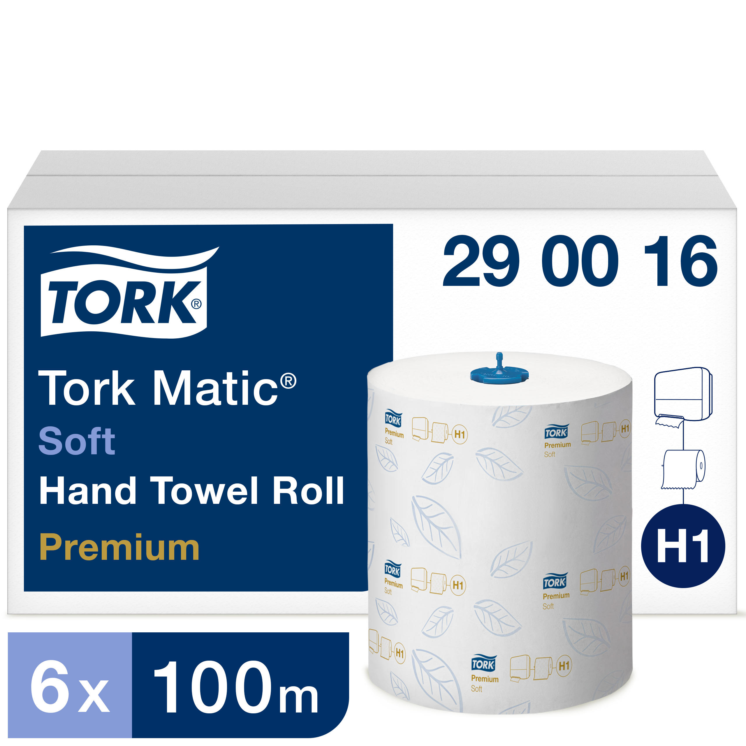 The Premium Tork Matic® hand towel rolls dry hands quickly and thoroughly thanks to the QuickDry™ feature. The rolls are suitable for the Tork Matic® Hand Towel Roll Dispenser, developed for easy maintenance in high-traffic washrooms. There are 6 rolls and 2 ply. Premium quality. Roll size L 100m W 21cm. Core inner diameter 3.8cm. Compatible with H1 dispensers. Tork H1 2 Ply Matic® Soft Paper Hand Towels White with Blue Leaf H1, Premium, 6 Rolls x 100 m