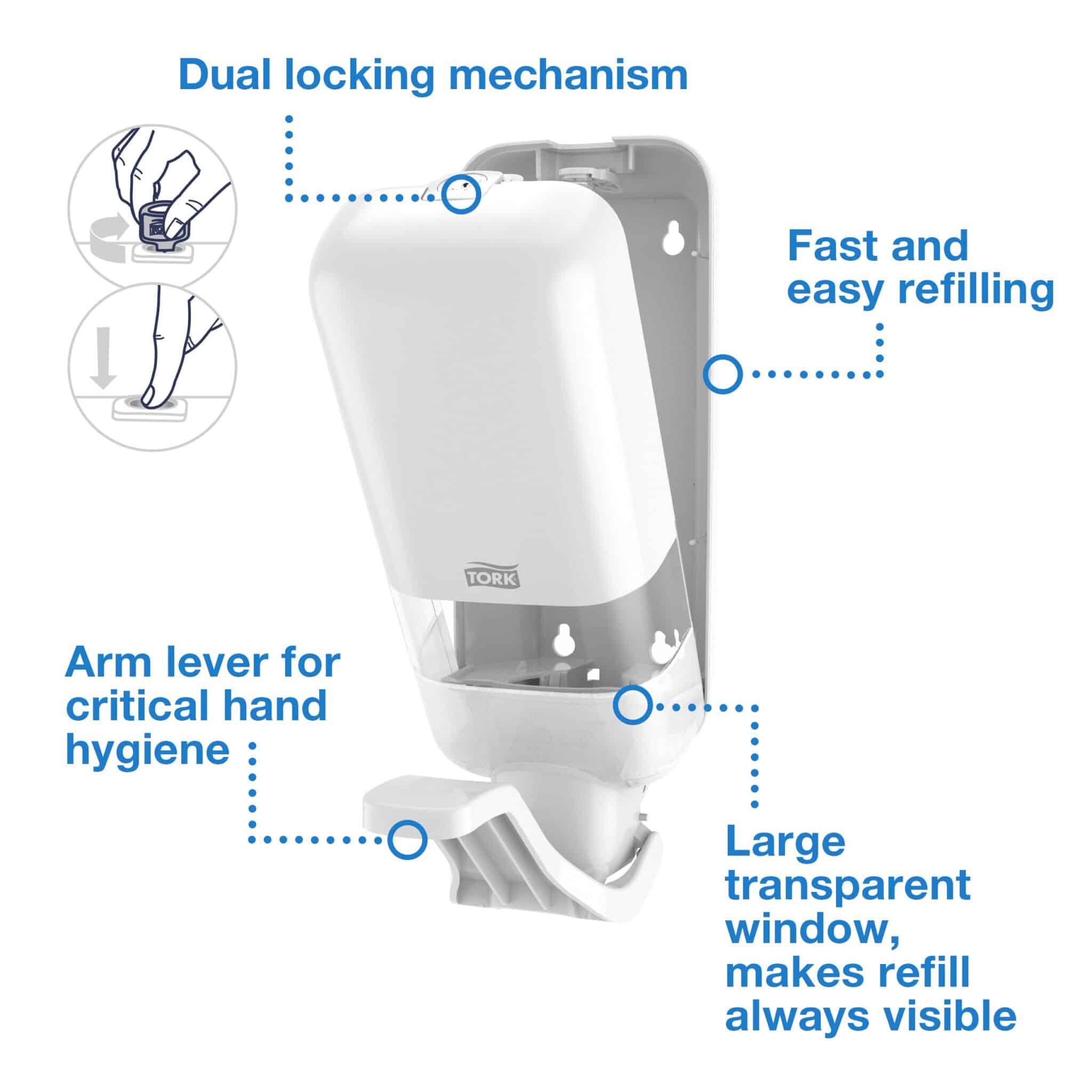 The Tork Soap and Sanitiser Dispenser with Arm Lever Black offers reliable dispensing and is compatible with various Tork soaps and sanitisers, ensuring high hygiene standards in any environment. Tork Soap and Sanitiser Dispenser with Arm-Lever White S4