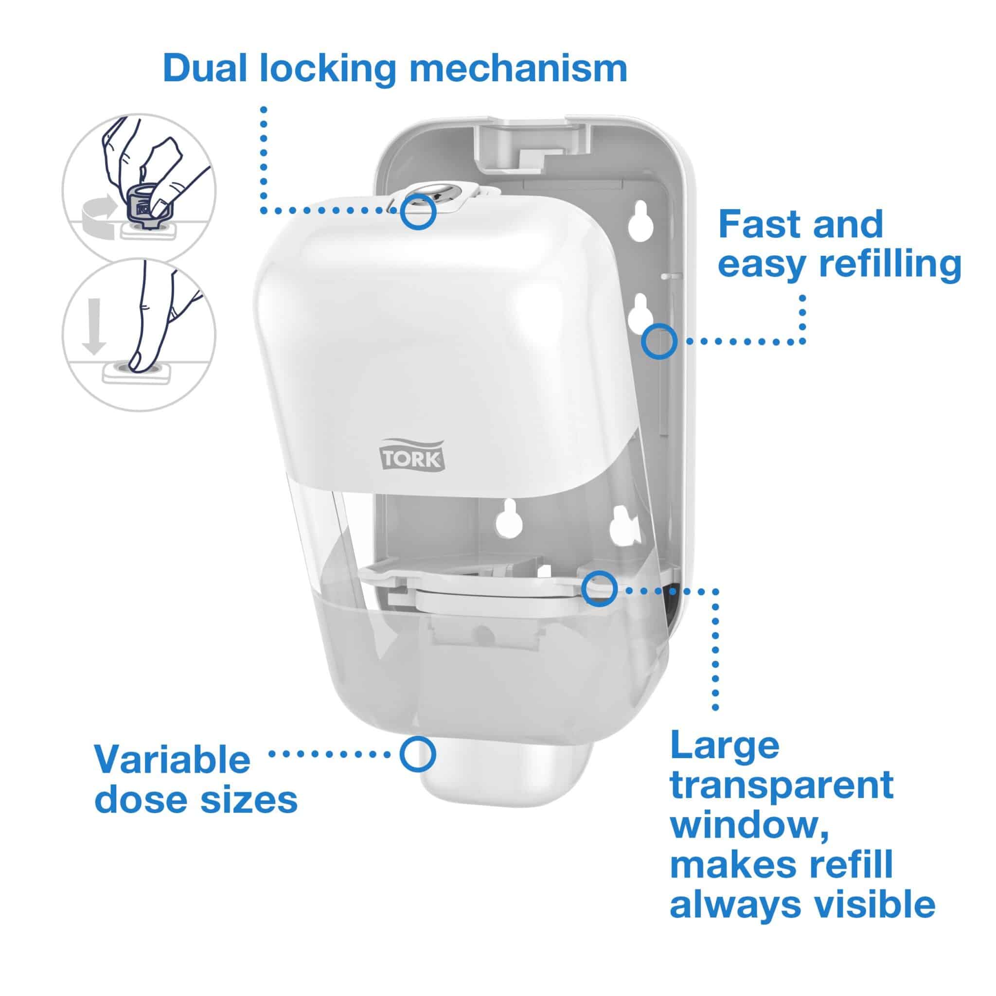 <strong data-start="57" data-end="72">Perfect for: </strong>offices, restaurants, healthcare facilities, and public restrooms — the Tork Mini Soap and Sanitiser Dispenser Black S5 is compact, hygienic, and easy to use, ensuring a premium hand hygiene experience with minimal maintenance. Tork Mini Soap and Sanitiser Dispenser White S5