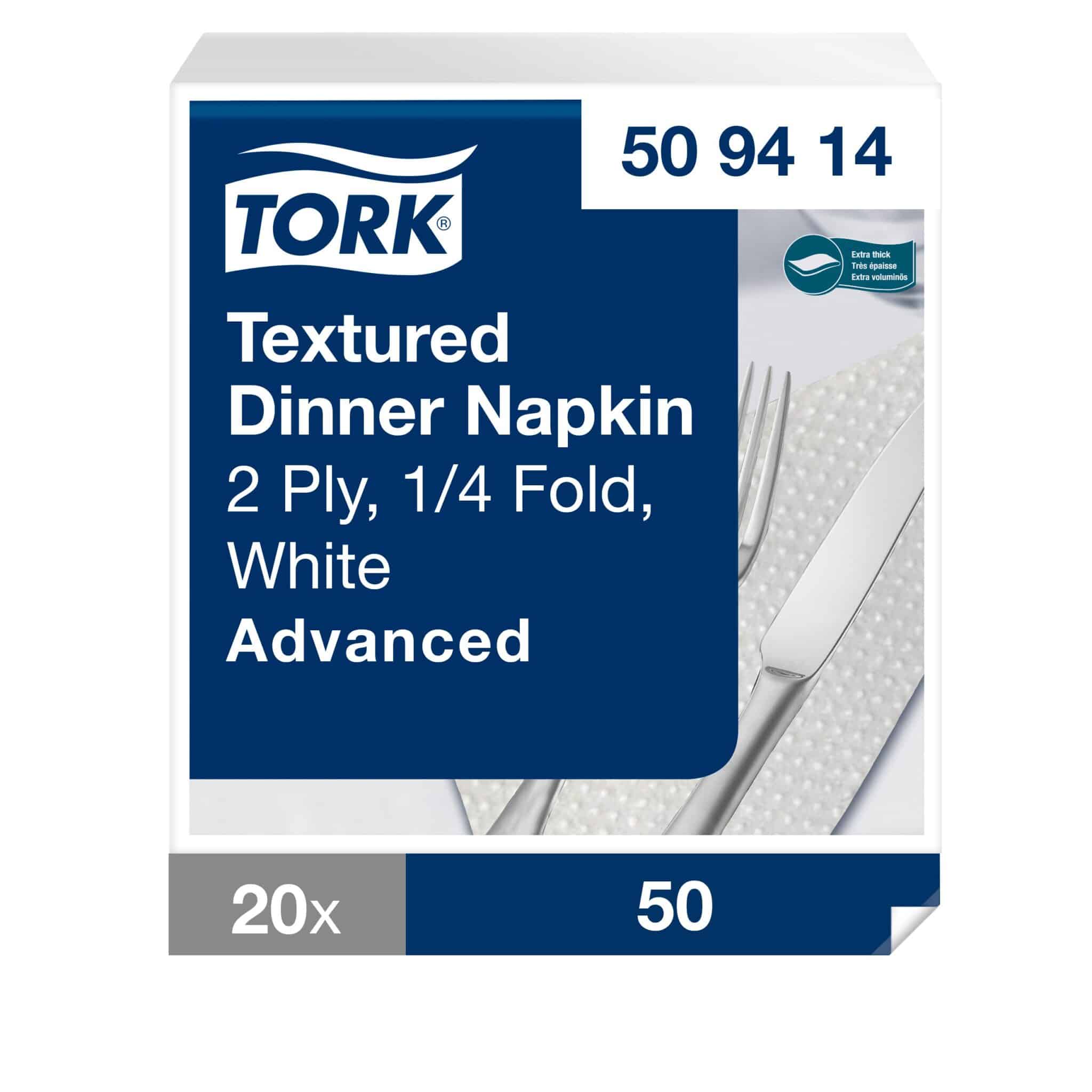Tork Textured Dinner Napkin, 2-ply, 1/4 fold with soft chequered embossing. <ul> <li>Extra absorbent, FSC® certified, compostable, and ideal for casual dining.</li> <li>Case of 1,000 (20 x 50).</li> </ul> Tork Textured Dinner Napkin