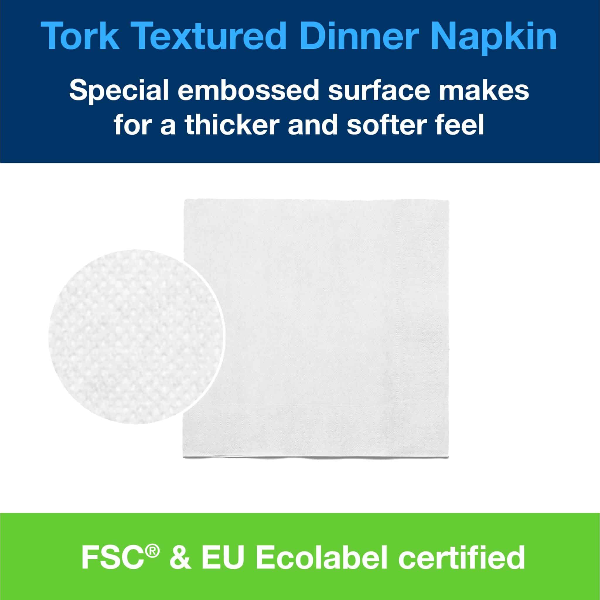 Tork Textured Dinner Napkin, 2-ply, 1/4 fold with soft chequered embossing. <ul> <li>Extra absorbent, FSC® certified, compostable, and ideal for casual dining.</li> <li>Case of 1,000 (20 x 50).</li> </ul> Tork Textured Dinner Napkin, Advanced, 1/4 Fold